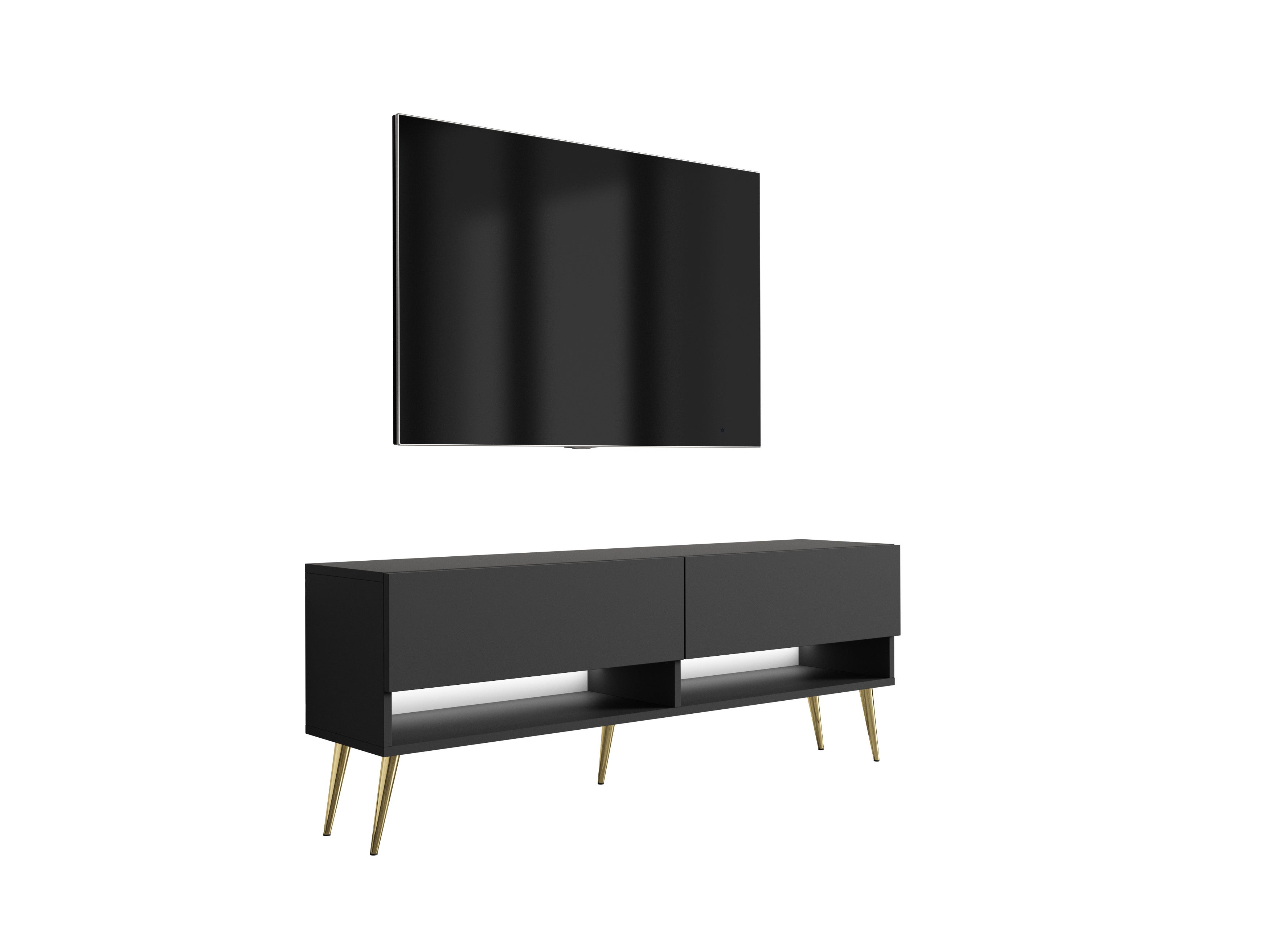 Szafka RTV : 140 cm Czarny Mat, nóżki pochyłe złote, LED biały, 140 × 32 × 52 cm