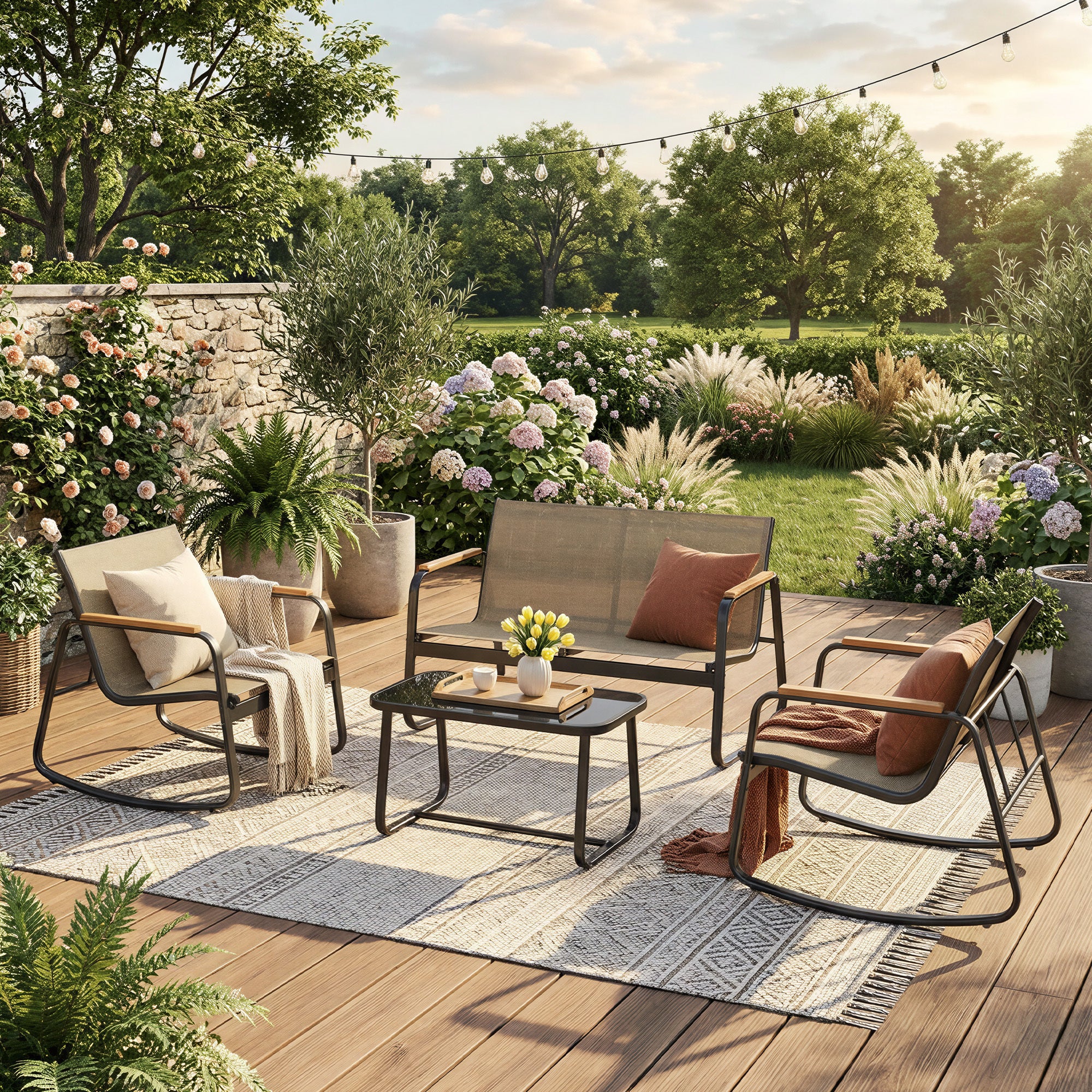 Ensemble de Mobilier de Jardin, 2 Chaises à Bascule avec Table, Banc, en Acier, avec Accoudoirs, Marron - 3