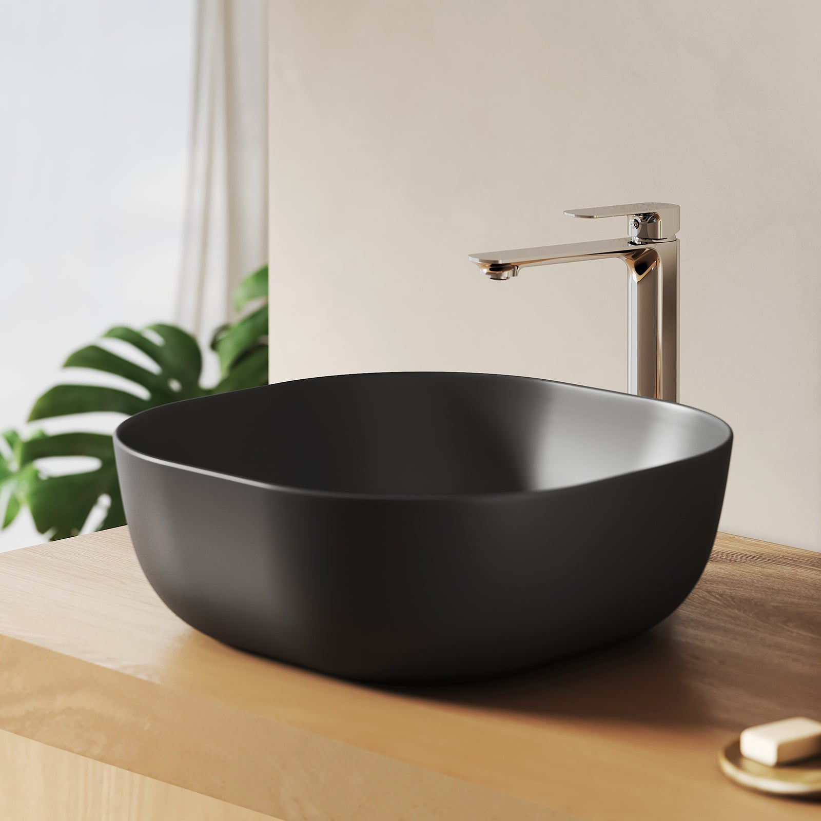 EMKE Umywalka nablatowa 41.5x41.5x14.5 cm, Owalna Umywalka ceramiczna łazienkowa, Matowa Czerń