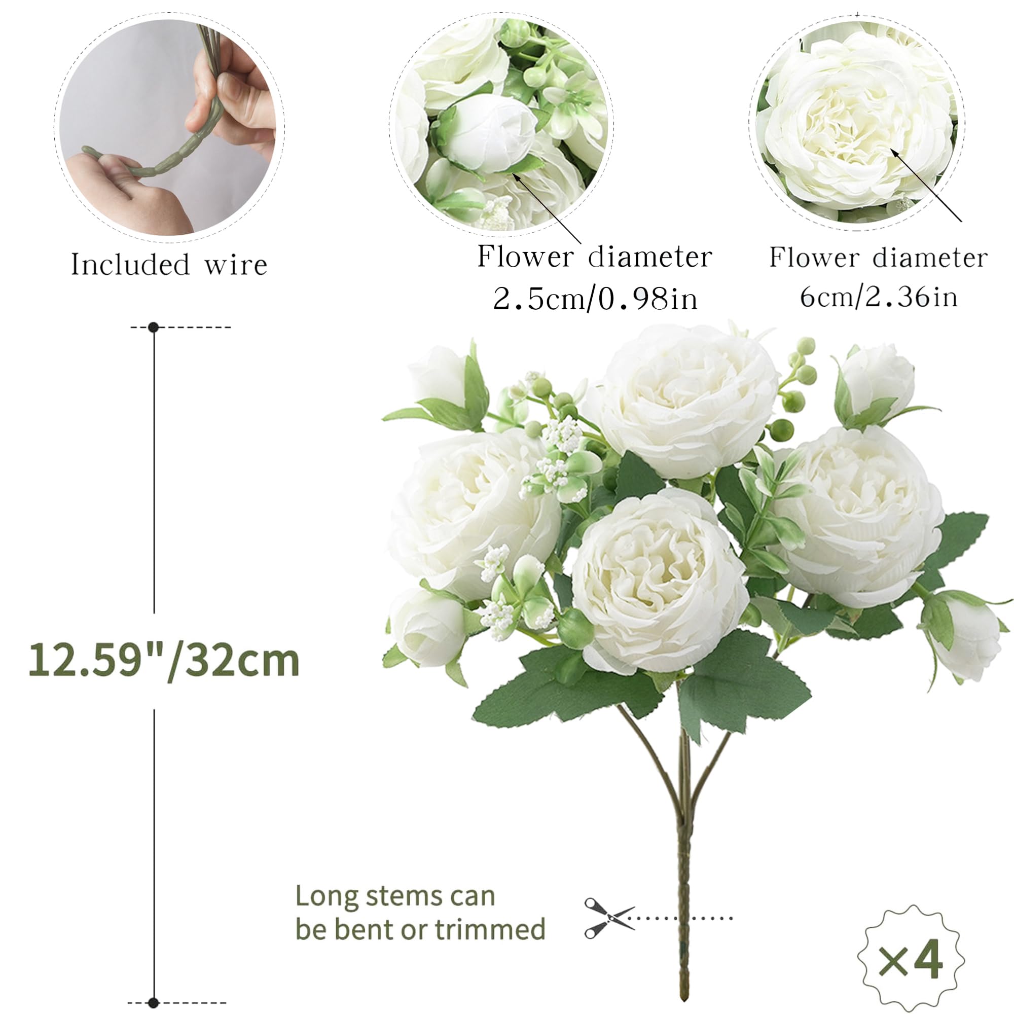 2 Bouquets Fleurs artificielles en Soie Pivoine Artificielle Fausse Fleur pour Mariage Parti Accueil Cuisine Décor, Blanc - 4