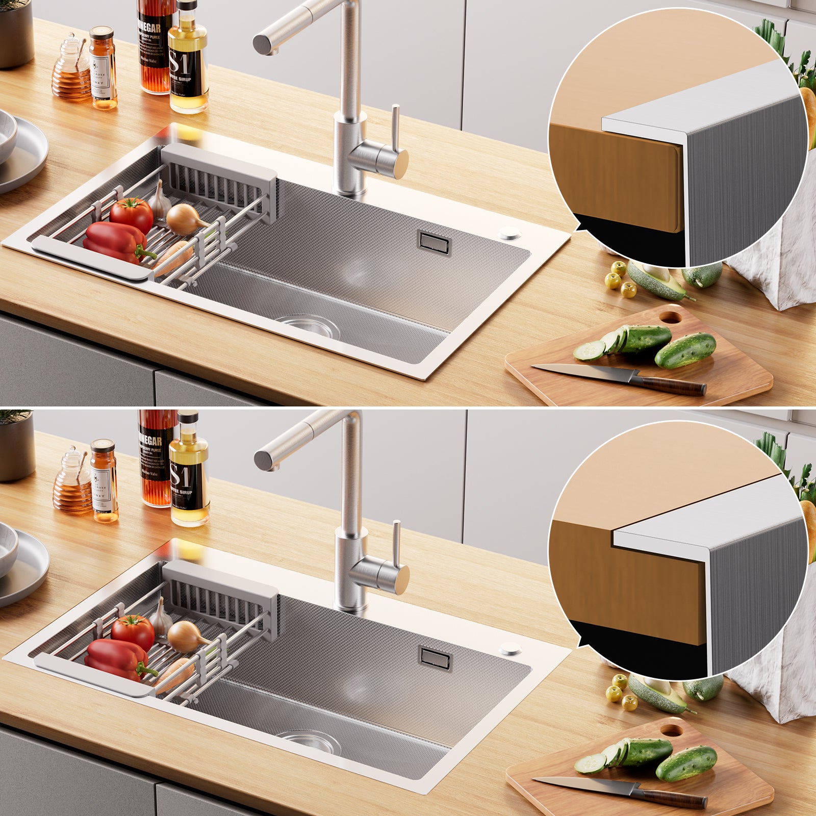 70*45*19cm Évier Inox avec Panier de Drainage, Évier de Cuisine Grande Capacité, Évier 1 Bac Argent - 4