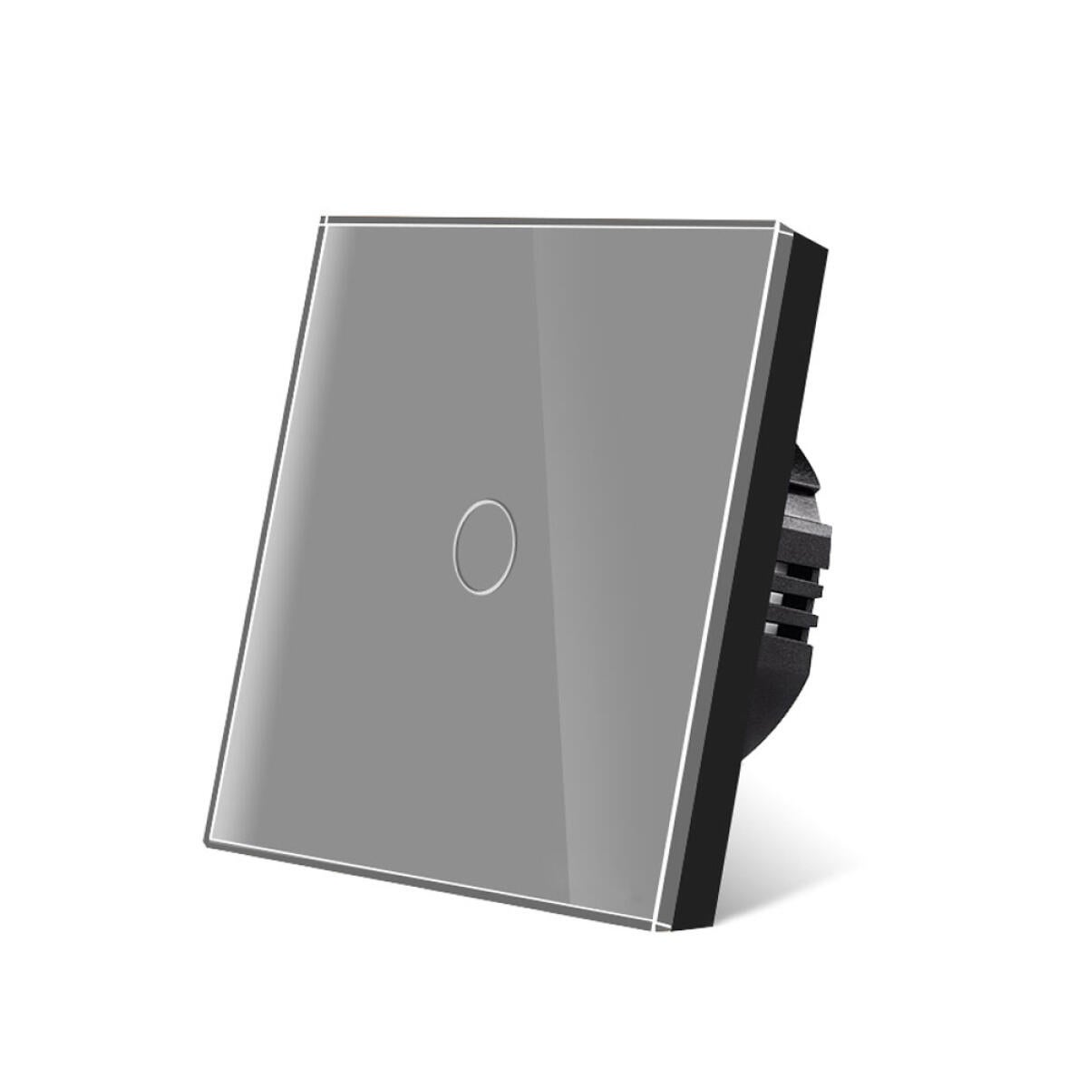 Jednobiegunowy wyłącznik lampy, 1 sztuka, panel ze szkła hartowanego, podświetlenie LED, 5-300 W, zasilanie sieciowe, kolor szary.