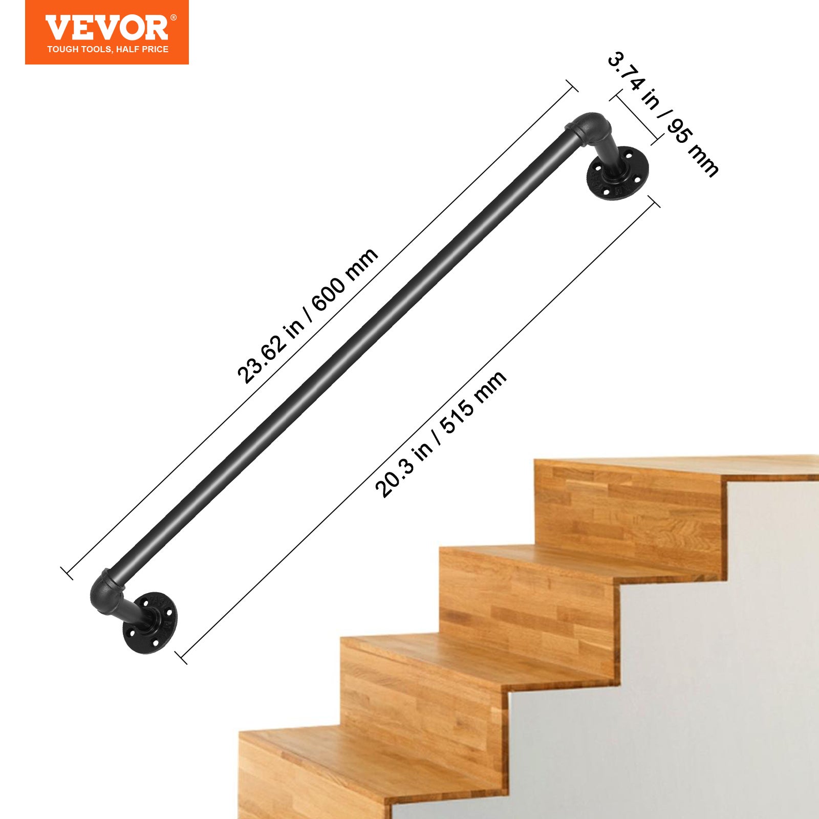 Rampe Murale Escalier 0,6 m VEVOR, Main Courante en Acier Carbone Ø32 mm, Garde-Corps Métal 200 kg avec 4 Supports pour Intérieur Extérieur - 7