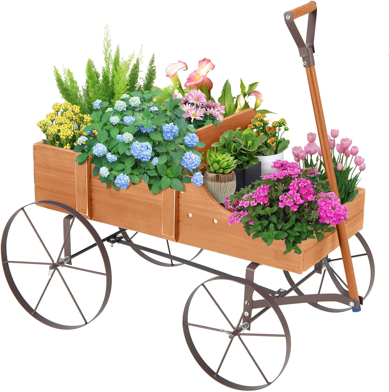Jardinière Forme Brouette, Brouette Décorative en Bois avec 4 Roues en Métal, 2 Bac de Plantation Séparés,Charge Jusqu'à 15kg,35×62,5×52,5cm (Orange) - 2