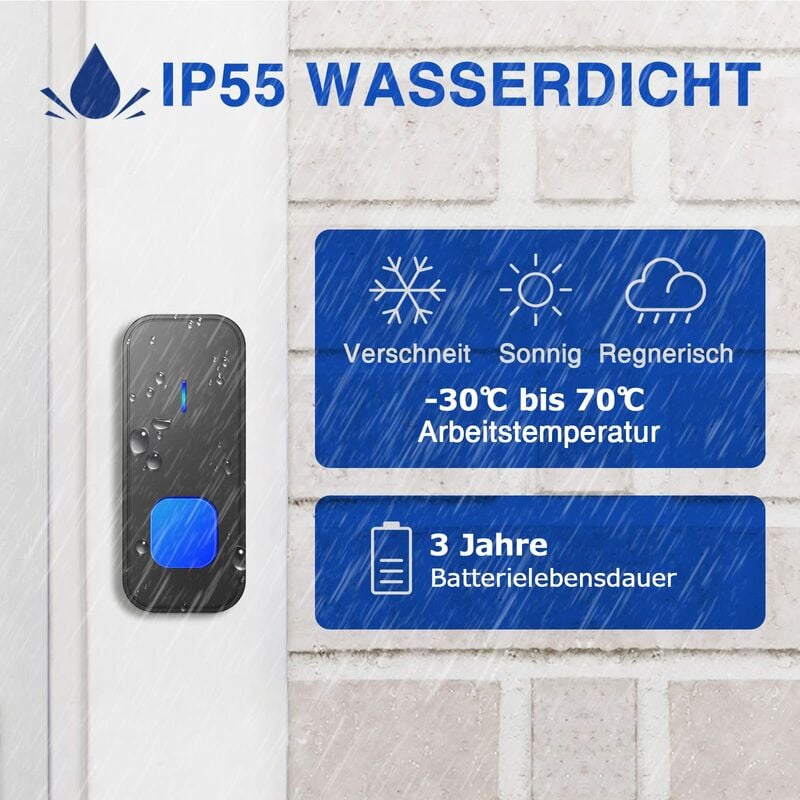 Sonnette sans Fil, 400M Sonnette de Porte IP55 Étanche Carillon Electronique, 55 Mélodies au 5 Niveaux Volumes, LED Bleu Noir - 2