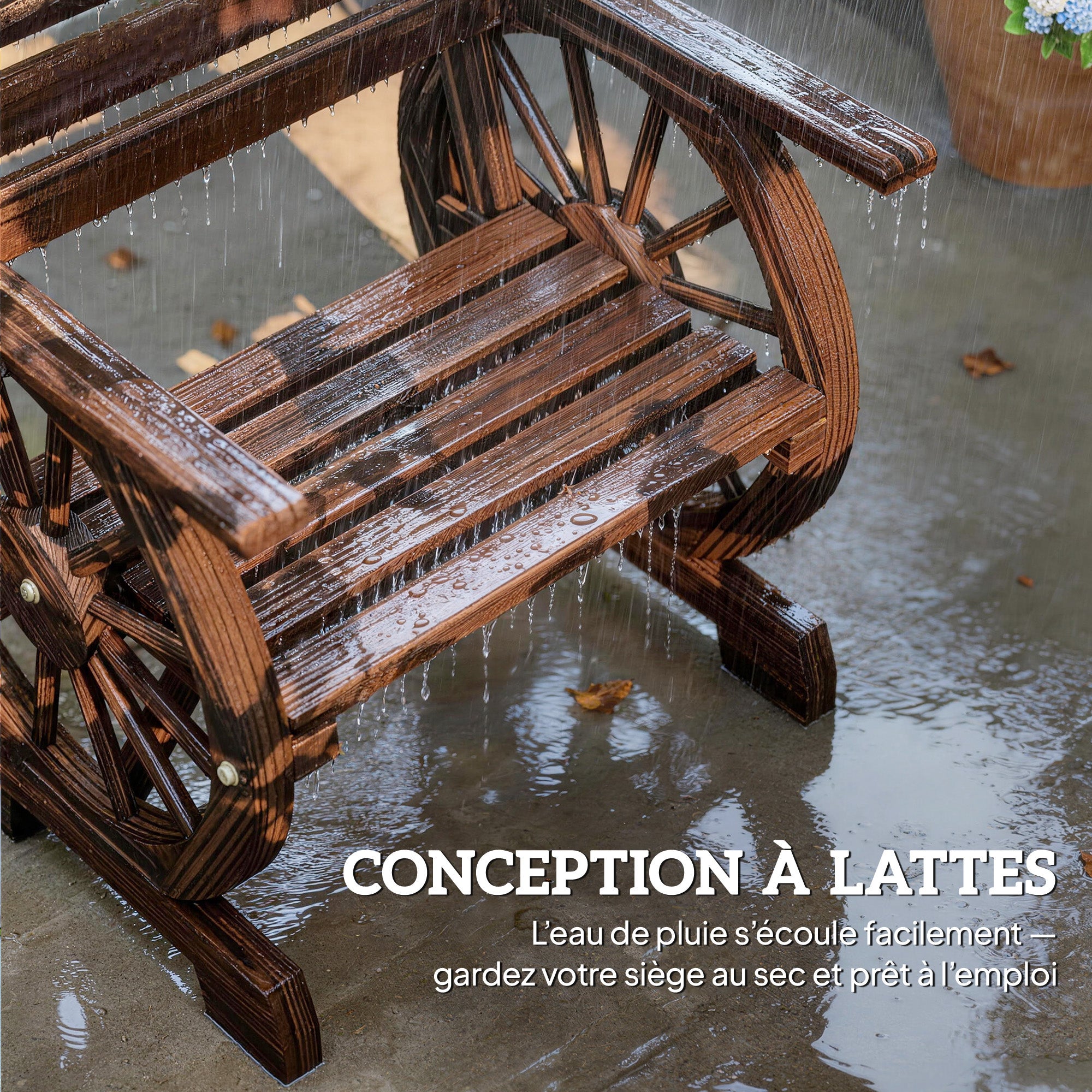 Chaise de jardin en bois, style roue de chariot, assise large à lattes, dossier incliné, 66 x 55 x 90 cm, finition carbonisée - 9