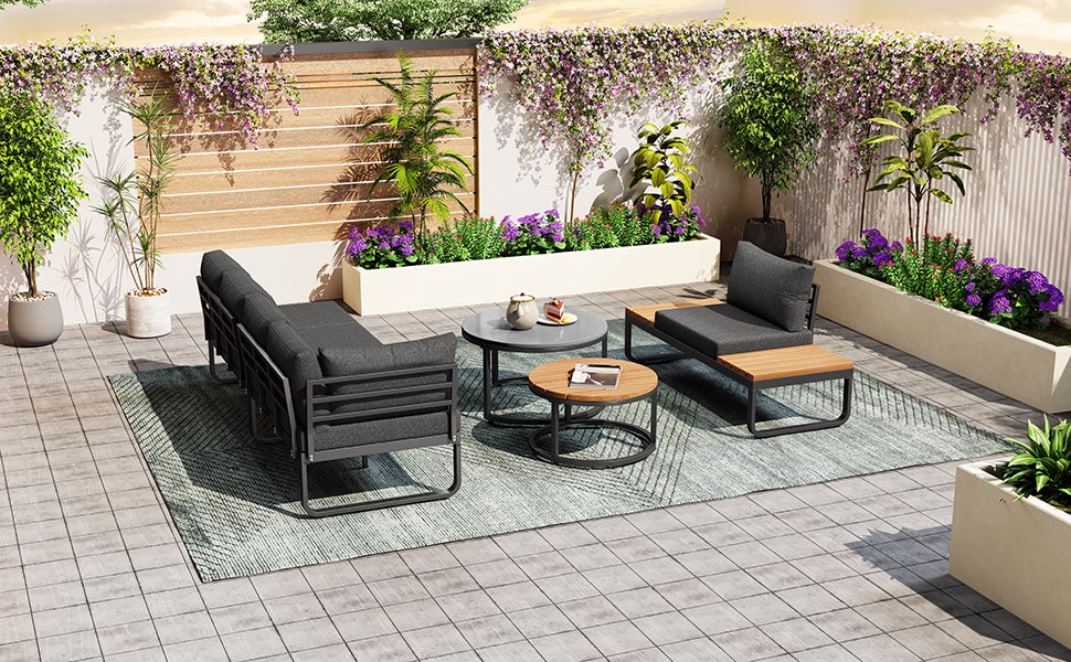 Salon de jardin modulable en fer galvanisé : 2 canapé 2 places + 1 canapé 1 place + 1 tabouret + tables basses gigognes - Gris - 6