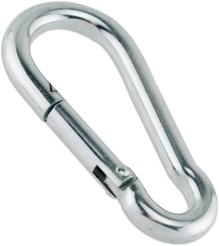 5 karabinków o wymiarach 100x10 mm. Hak karabinowy wykonany ze stali galwanizowanej o nośności 350 kg. Zamknięcie sprężynowe z karabinkiem.