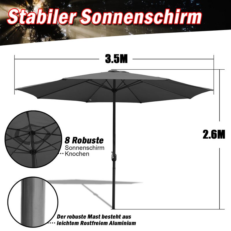 Parasol Ø350CM - Hauteur et Angle Réglables - Système de Manivelle, Gris, Parasol de plage - 2