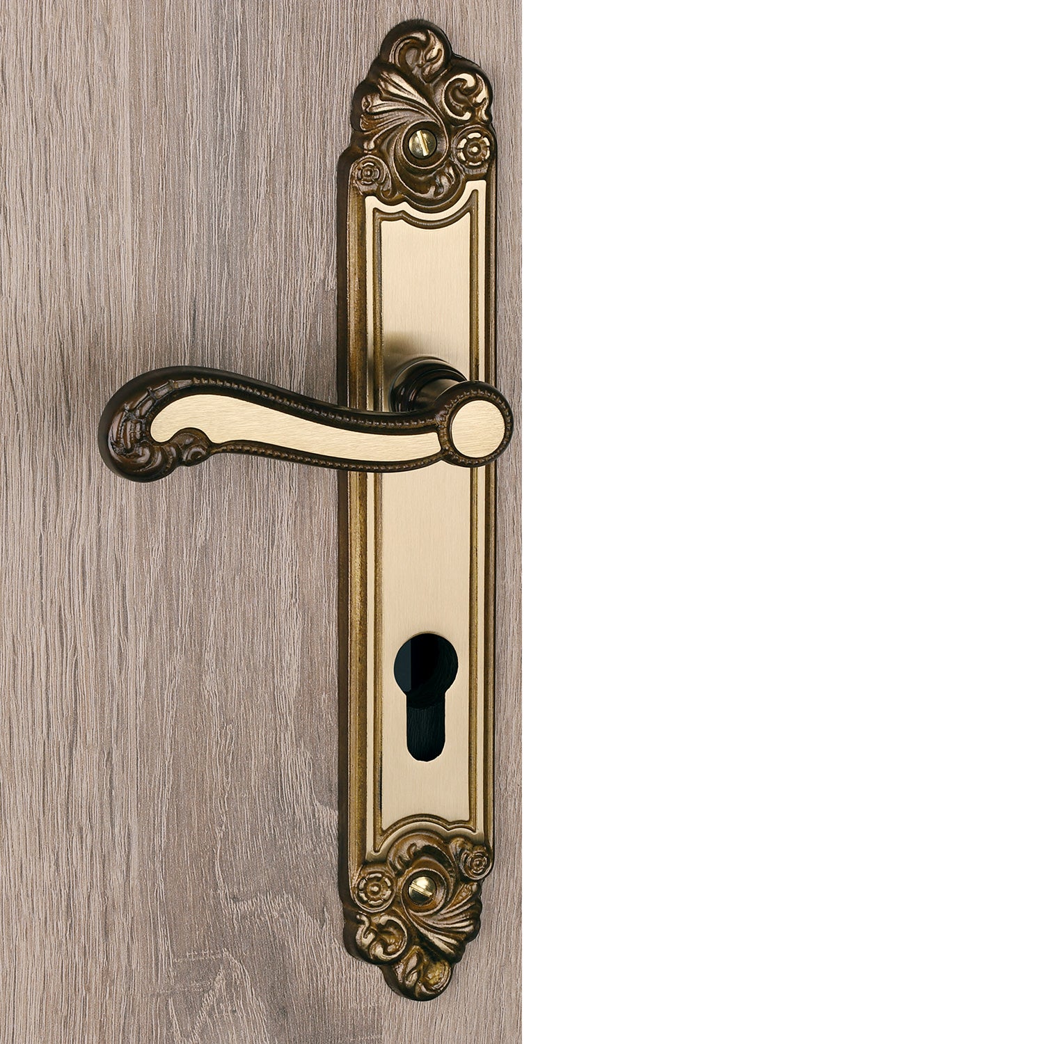 2 poignées de porte LOUIS XV trou de Cylindre, Zamak doré patiné entraxe 195 mm, entrée bureau garage - 2