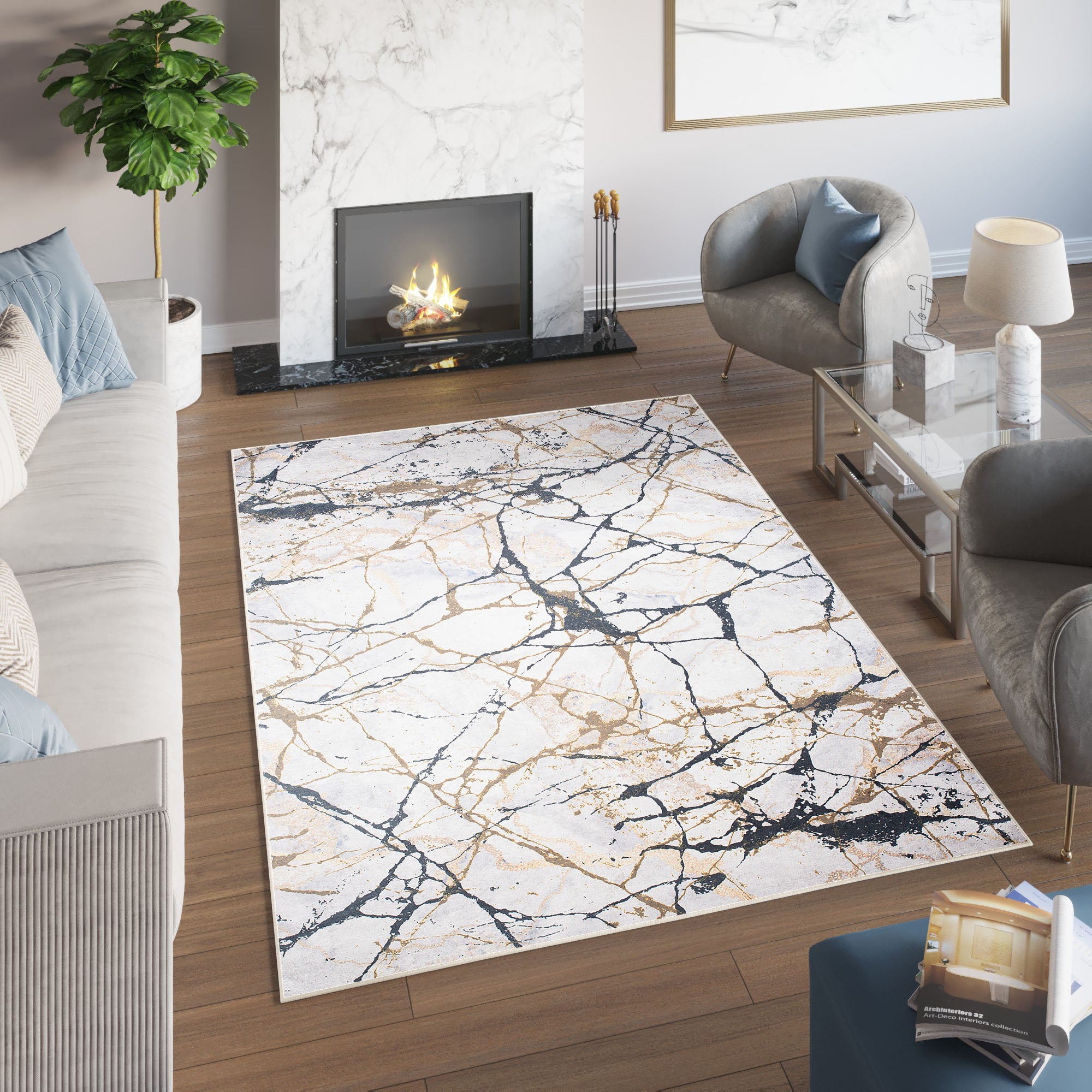 Tapiso toscana alfombra antideslizante de salón moderno abstracto crema dorado antracita impreso sin pelo 140 x 200 cm