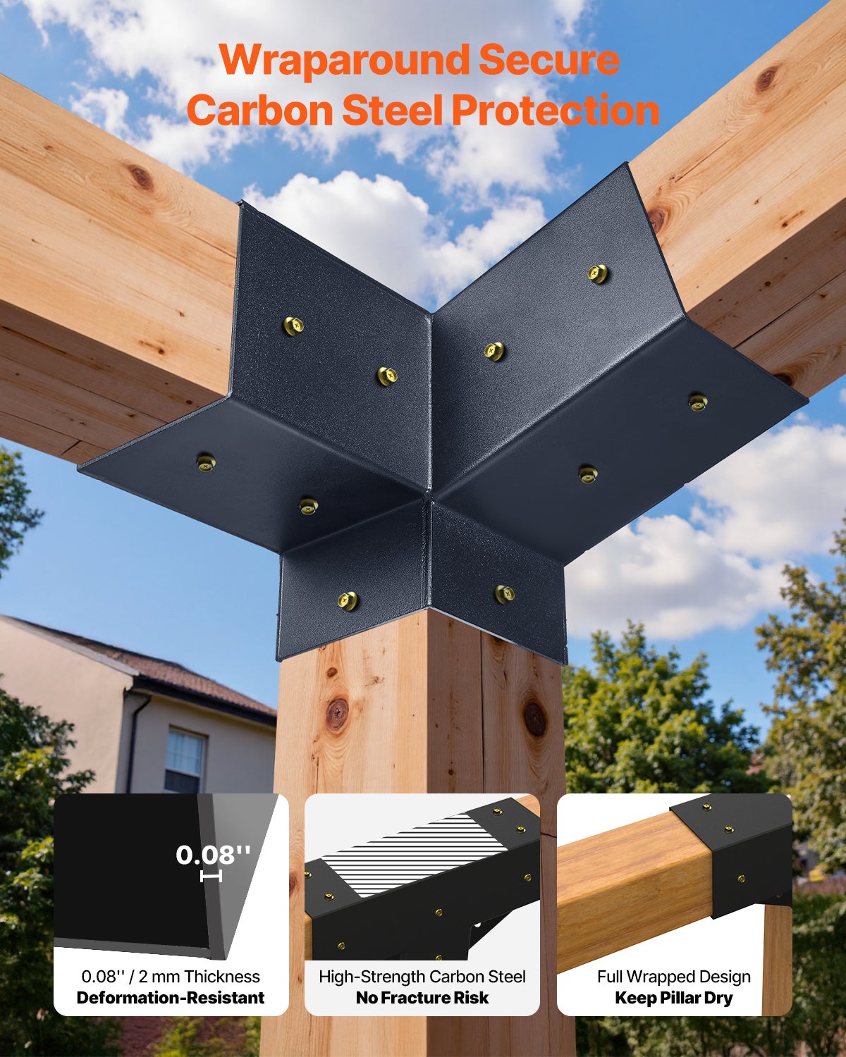 Kit Support de Pergola,Lot de VEVOR 6,pour Poteaux Bois 92x92 mm,2 Angles 3 Voies,2 Bases Sol & Mur,Toit Incliné,Extérieur Fête Jardin - 4