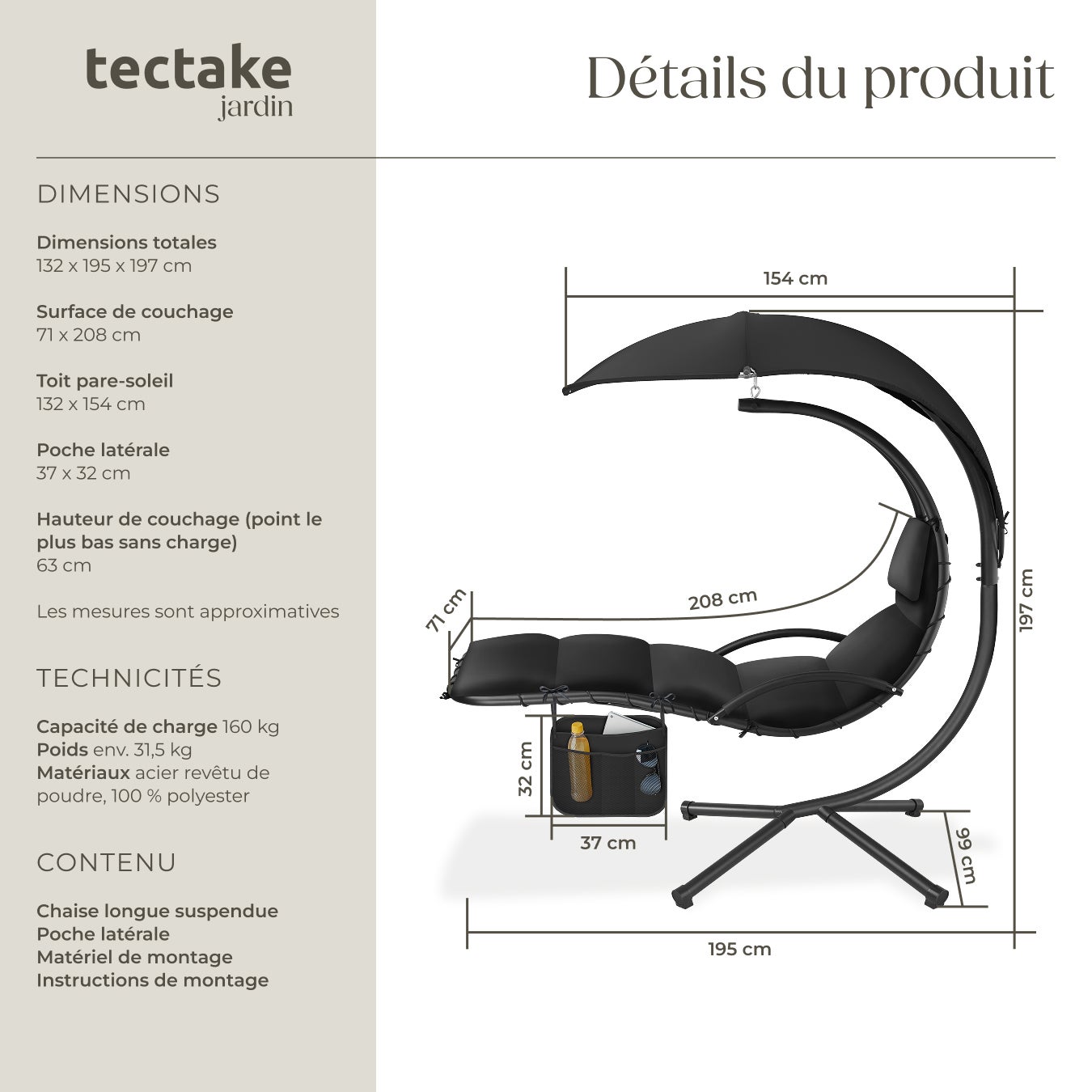 Fauteuil suspendu Elaria avec pare-soleil et poche latérale pare-soleil avec protection UV TECTAKE - 6