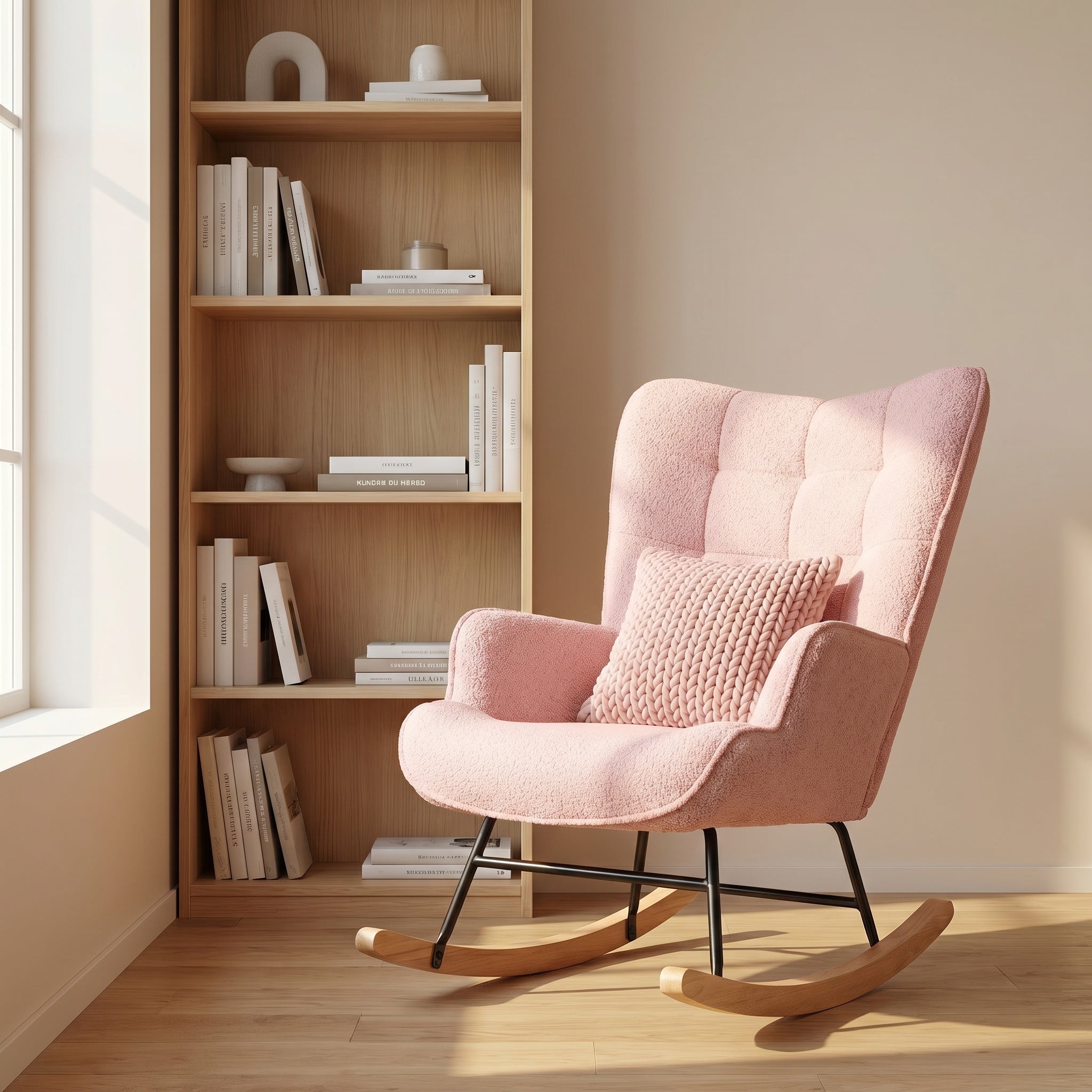 Fauteuil à Bascule, Rocking Chair d'Allaitement - Structure en métal et pieds bois massif, Maximale : 150 kg, Tissu Peluche Teddy, Rose, 75x68x92 cm - 10