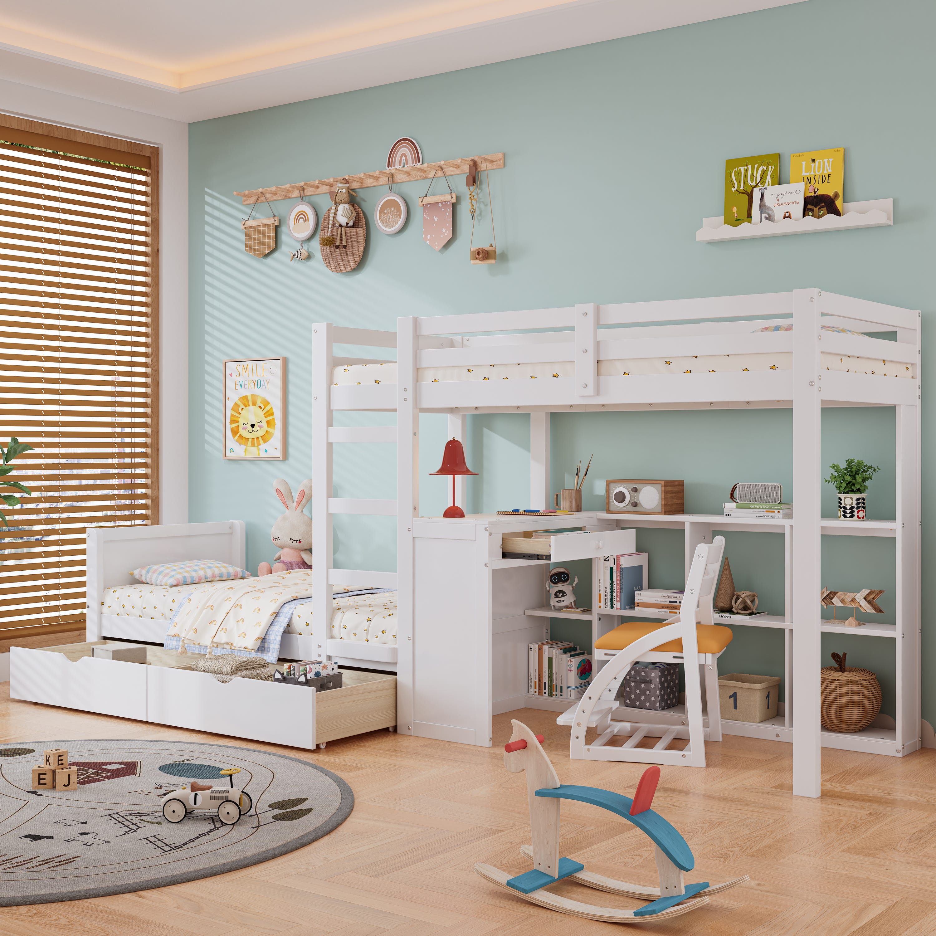 Letto A Castello Per Bambini Con Motivi Conigli E Carote - 90x200 Cm, Cassetti, Scala Sicura, Bianco/rosa