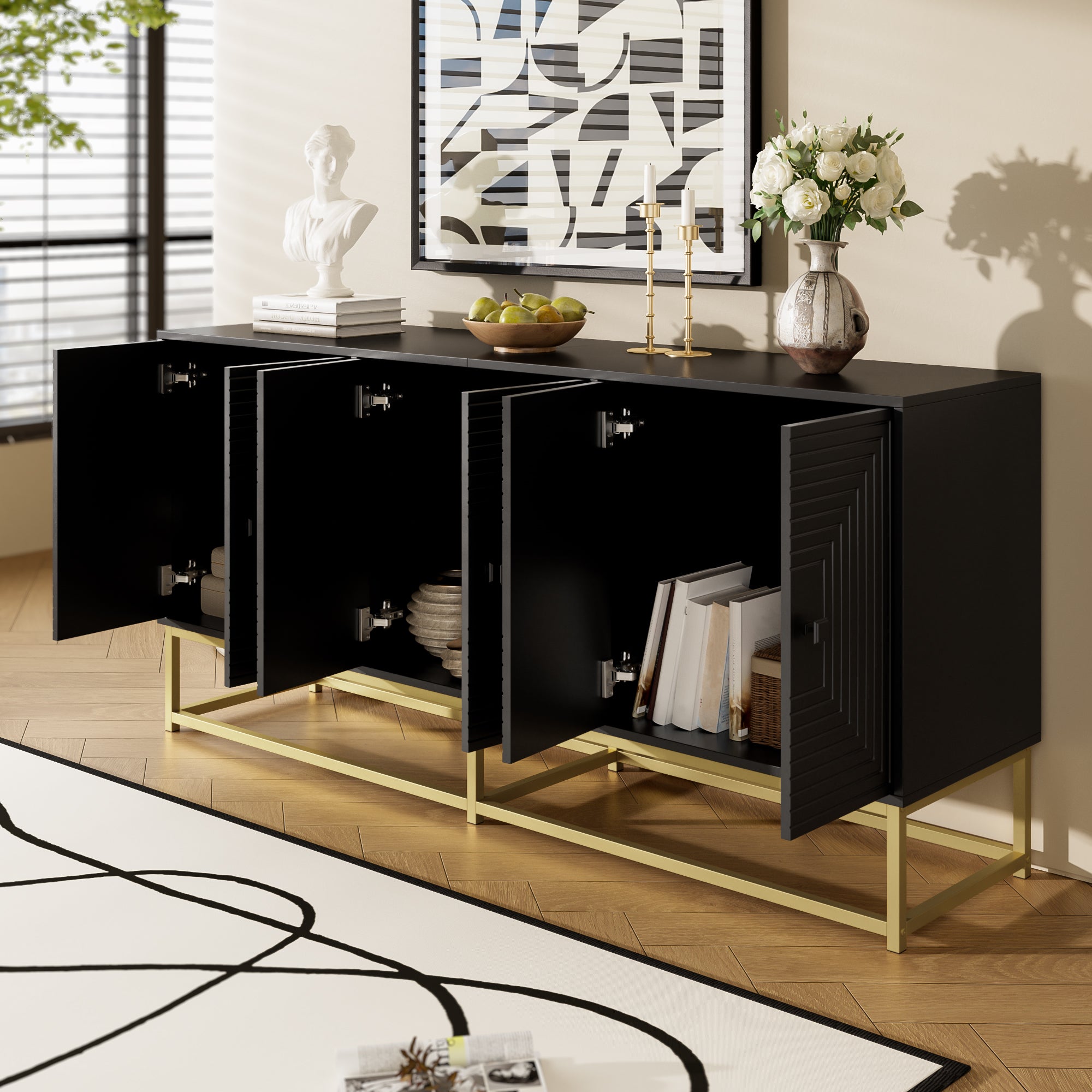 Buffet moderne avec 6 portes - 160 x 38 x 75.5 cm - pour salon, salle à manger - Panneau de particules - Blanc - 7