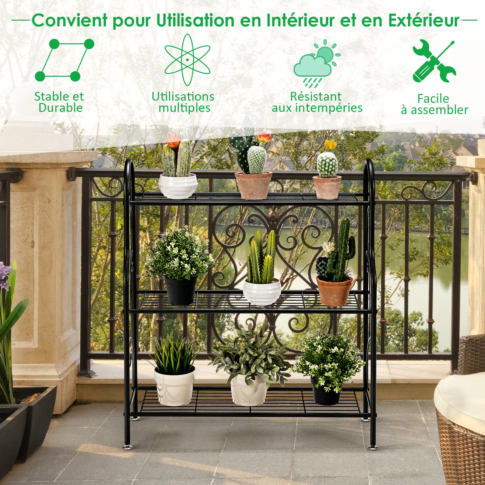 Support de Plantes à 3 Niveaux en Métal, Étagère de Rangement Multifonctionnelle avec Motif Élégant, Support pour Pots de Fleurs, 72 x 25 x 85 cm - 4