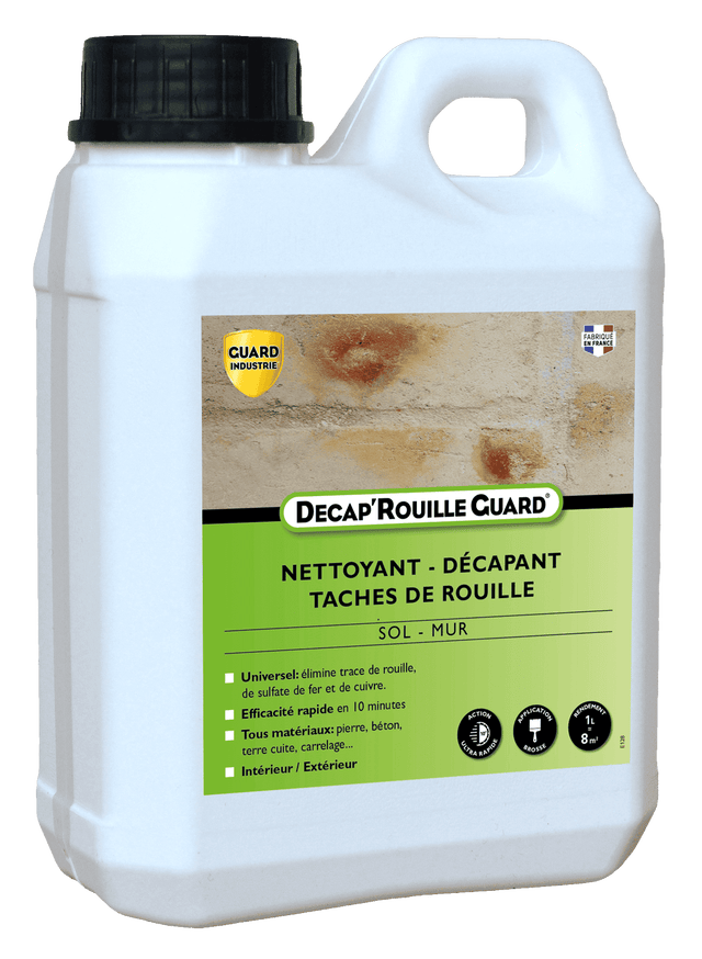 Décapant Rouille Express –Agit en 10 Minutes–Pierre, Carrelage, Tomette, Béton –Sol Mur - Decap'Rouille Guard- 1L traite 8m2