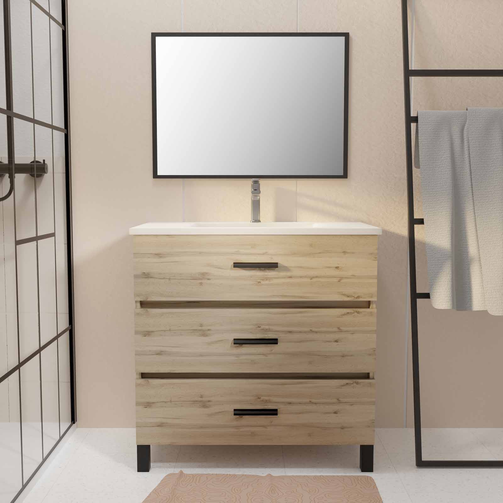 Mueble de baño 80 cm - roble industrial - 3 cajones - lavabo y espejo