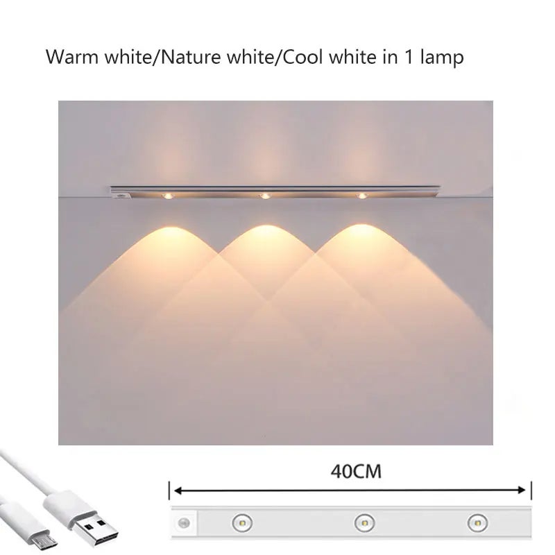 Luz debajo del gabinete con sensor de movimiento, luz de armario regulable de 40 cm, luz magnética recargable, luz nocturna de cocina, plateado - 6