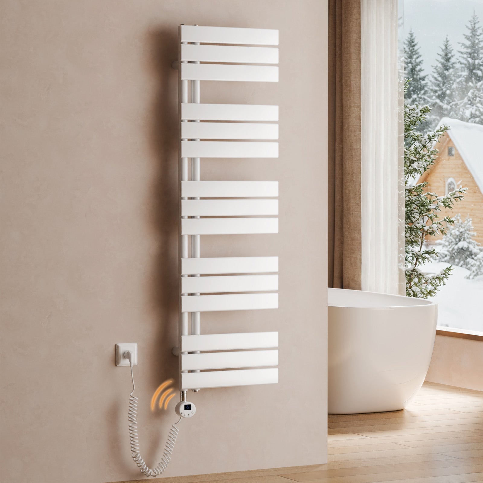 Sèche-serviettes électrique WiFi 800W - 1320x500 Mm - Thermostat Programmable - Connecté Tuya - Blanc - Pour Salle De Bain