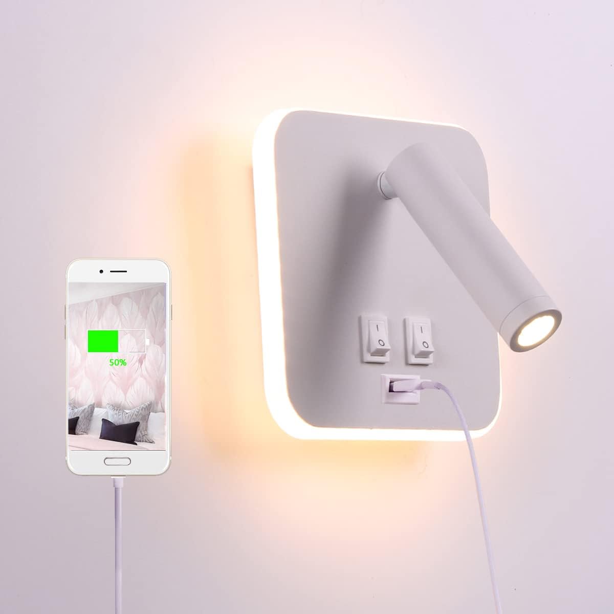 Lampka nocna LED z portem ładowania USB, lampa ścienna do wnętrz, z przełącznikiem, biała 3 W + 10 W (kwadratowe USB)