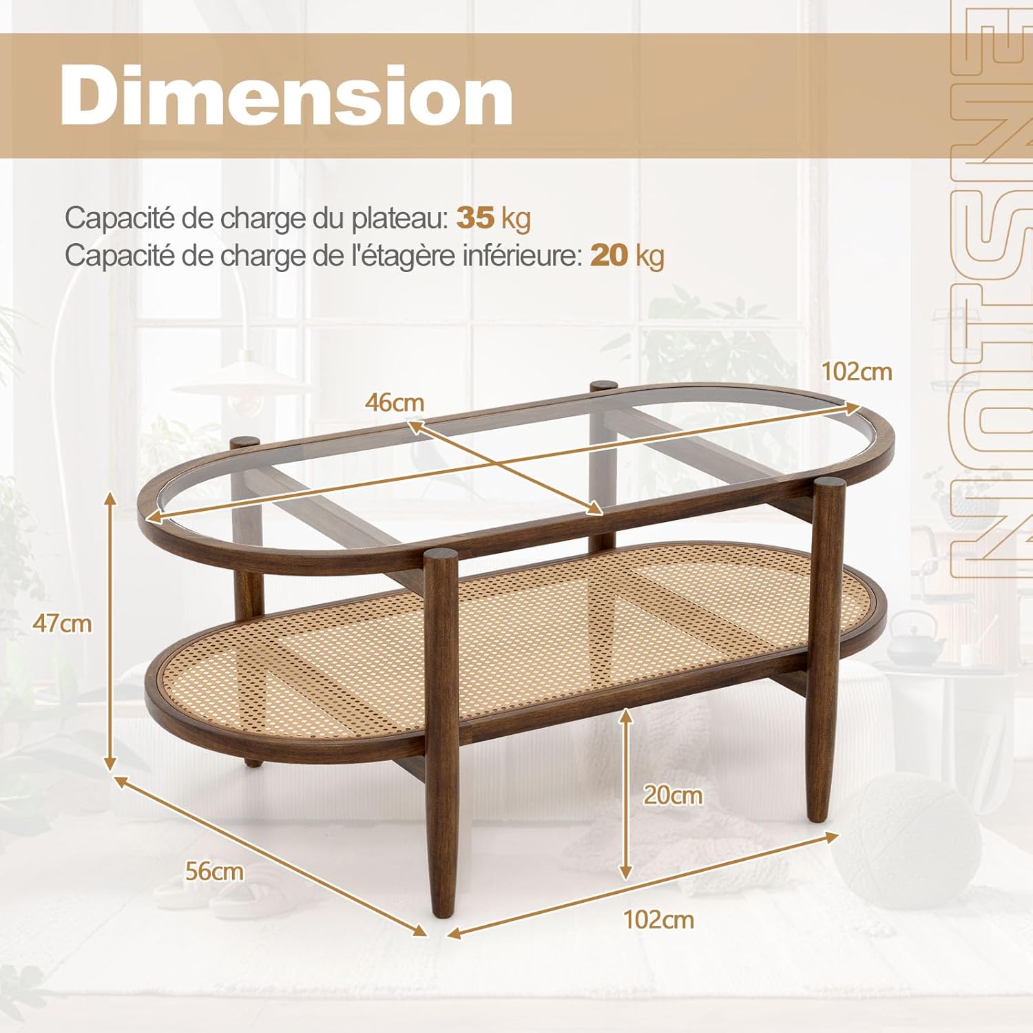 Table Basse Salon, Table Basse Verre Ovale Française Vintage avec Plateau Verre et Rotin, Cadre Bois Cintré, Charge 35+25KG 102x56x 47cm Brun - 2