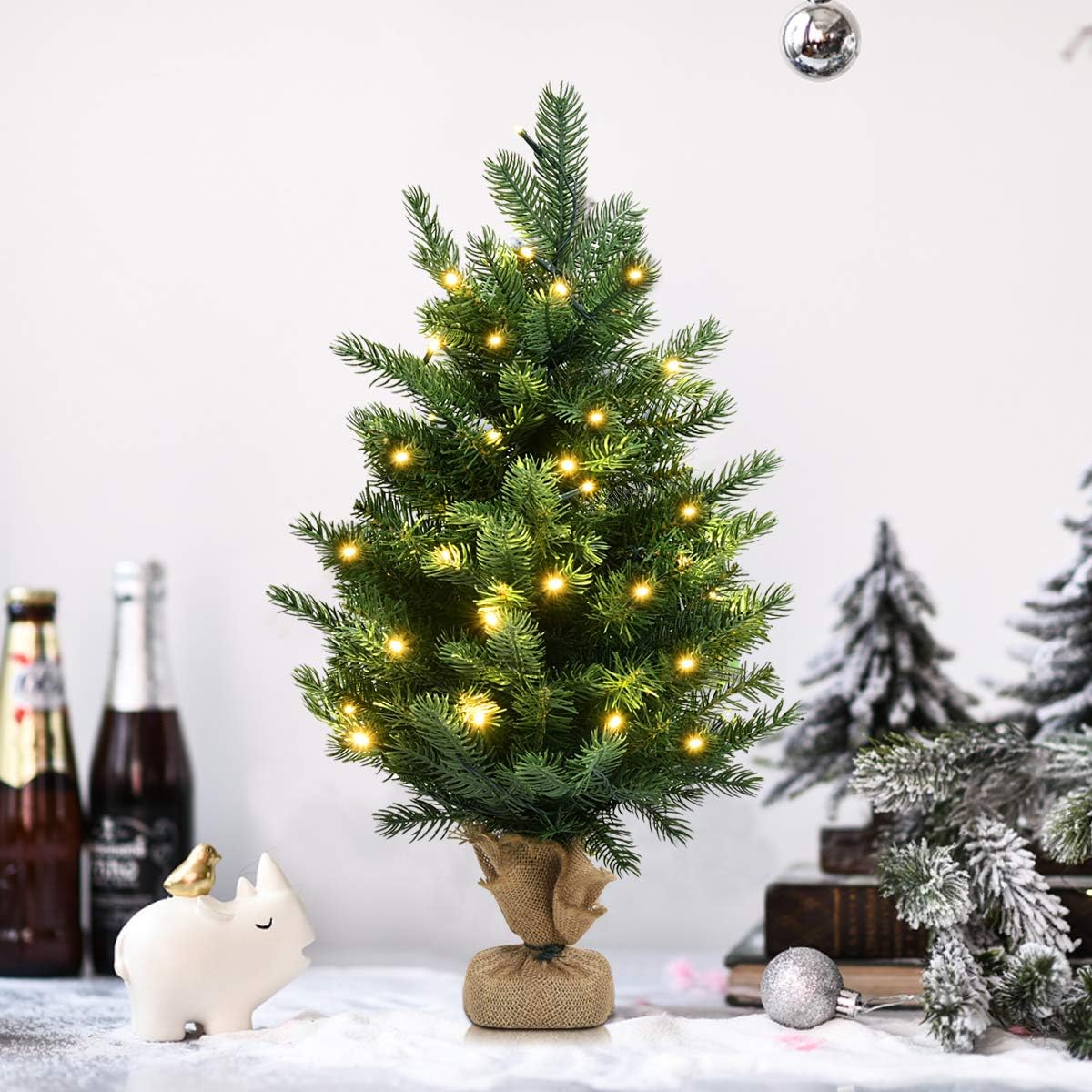 60 cm Sztuczna Choinka Bożonarodzeniowa, 35 Lampek LED w Kolorze Ciepłej Bieli i Timer z 2 Trybami Świecenia, 234 Gałęzie (60 cm, Zielona)