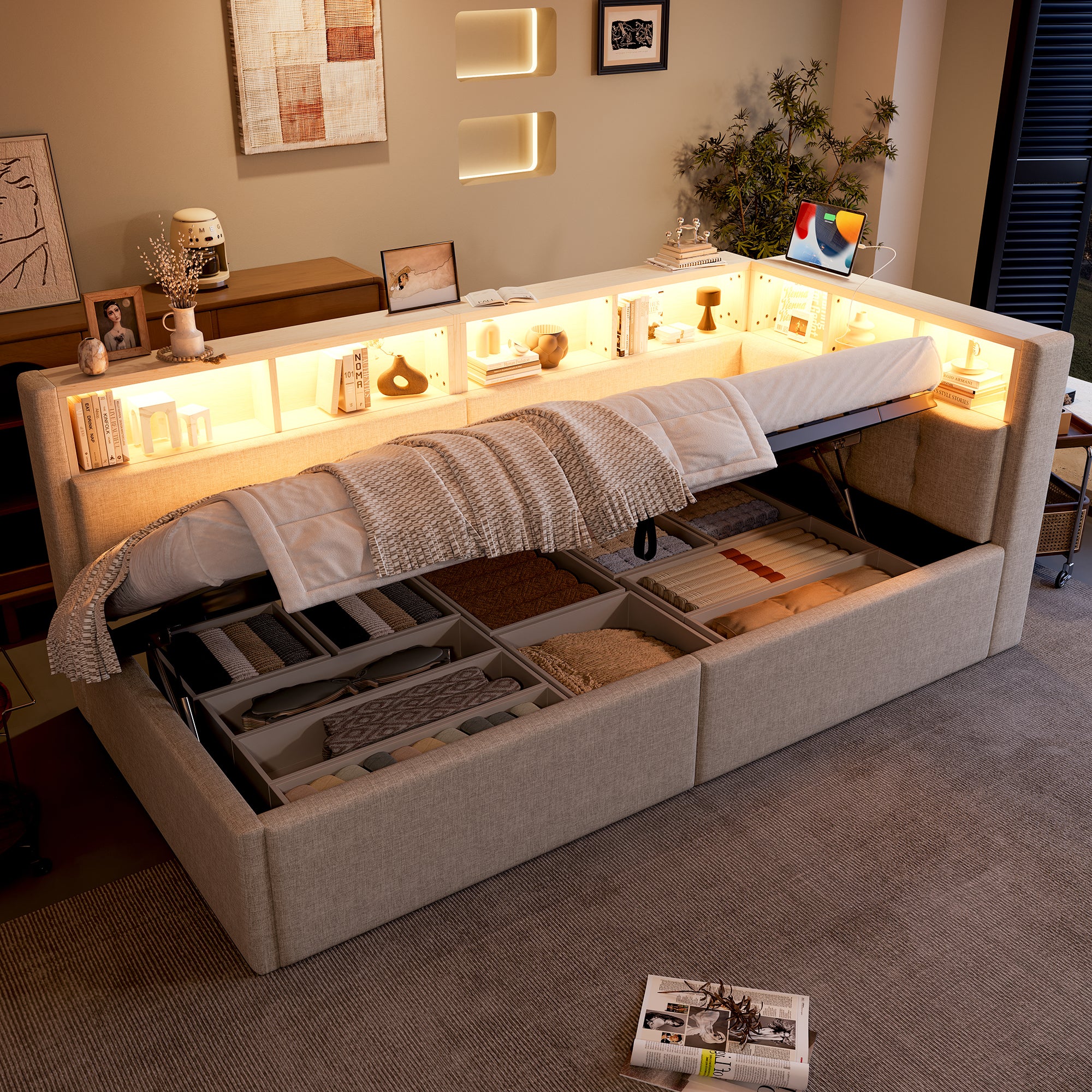 Sofa z funkcją spania 90 x 200 cm - z portami USB + Type-C - wiele przegródek - z listwą świetlną LED - beżowa (materac nie jest dołączony)