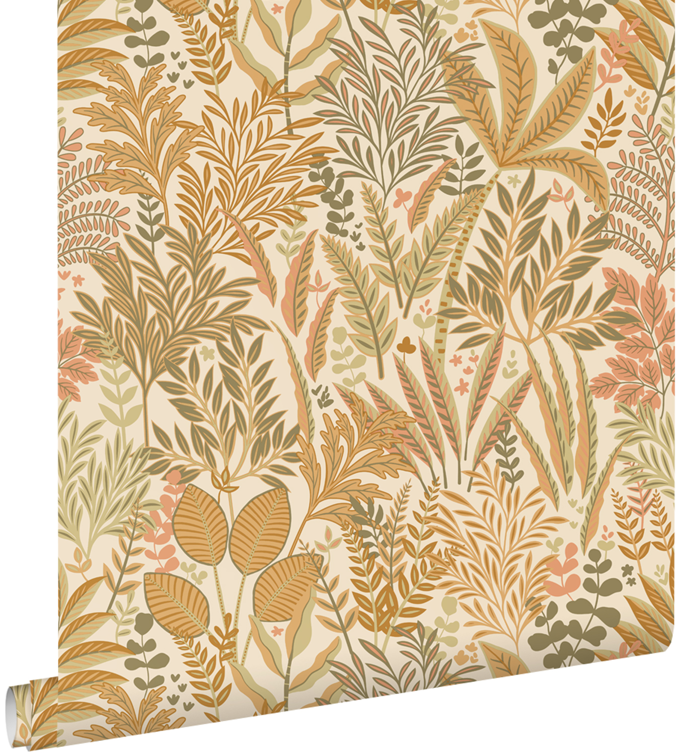 Papel pintado hojas y flores tropicales rojo barro cocido clara y beige - 50 x 900 cm - estahome