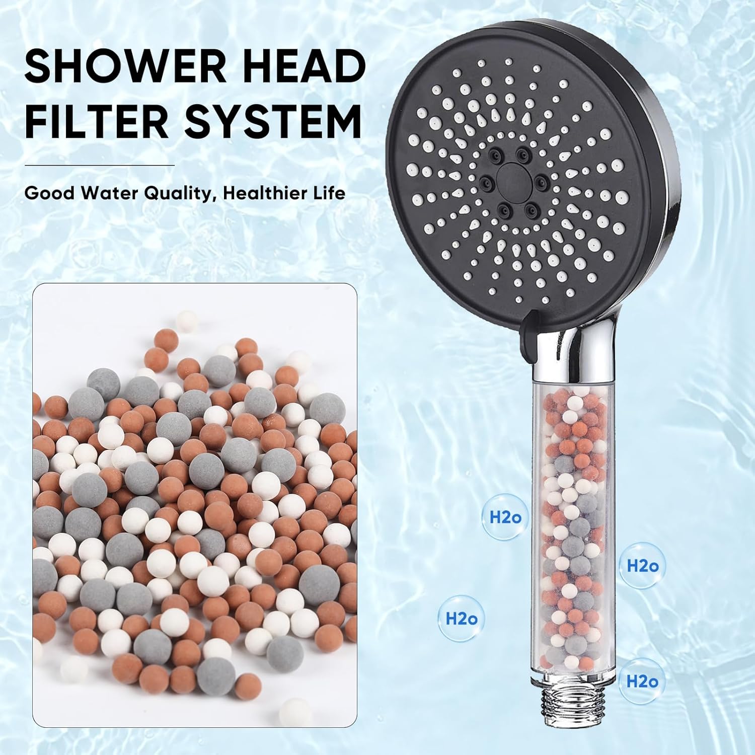 Pommeau de douche avec filtre économiseur d'eau, pommeau de douche anticalcaire haute pression, douche à effet pluie avec 5 types de jets, noir - 2