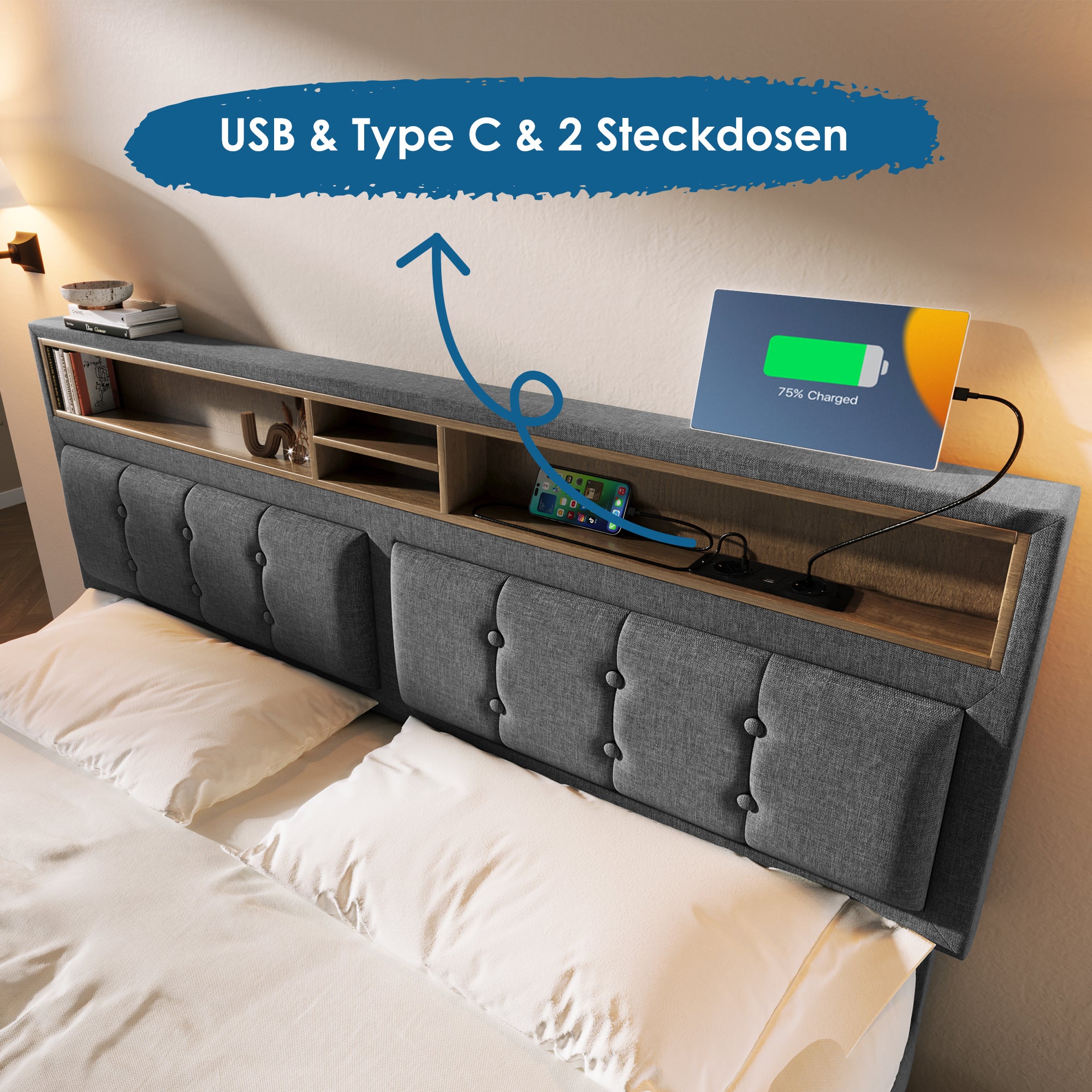 Cama contenedor 160 x 200 cm con cabecero contenedor - USB - tela de lino - gris - 8