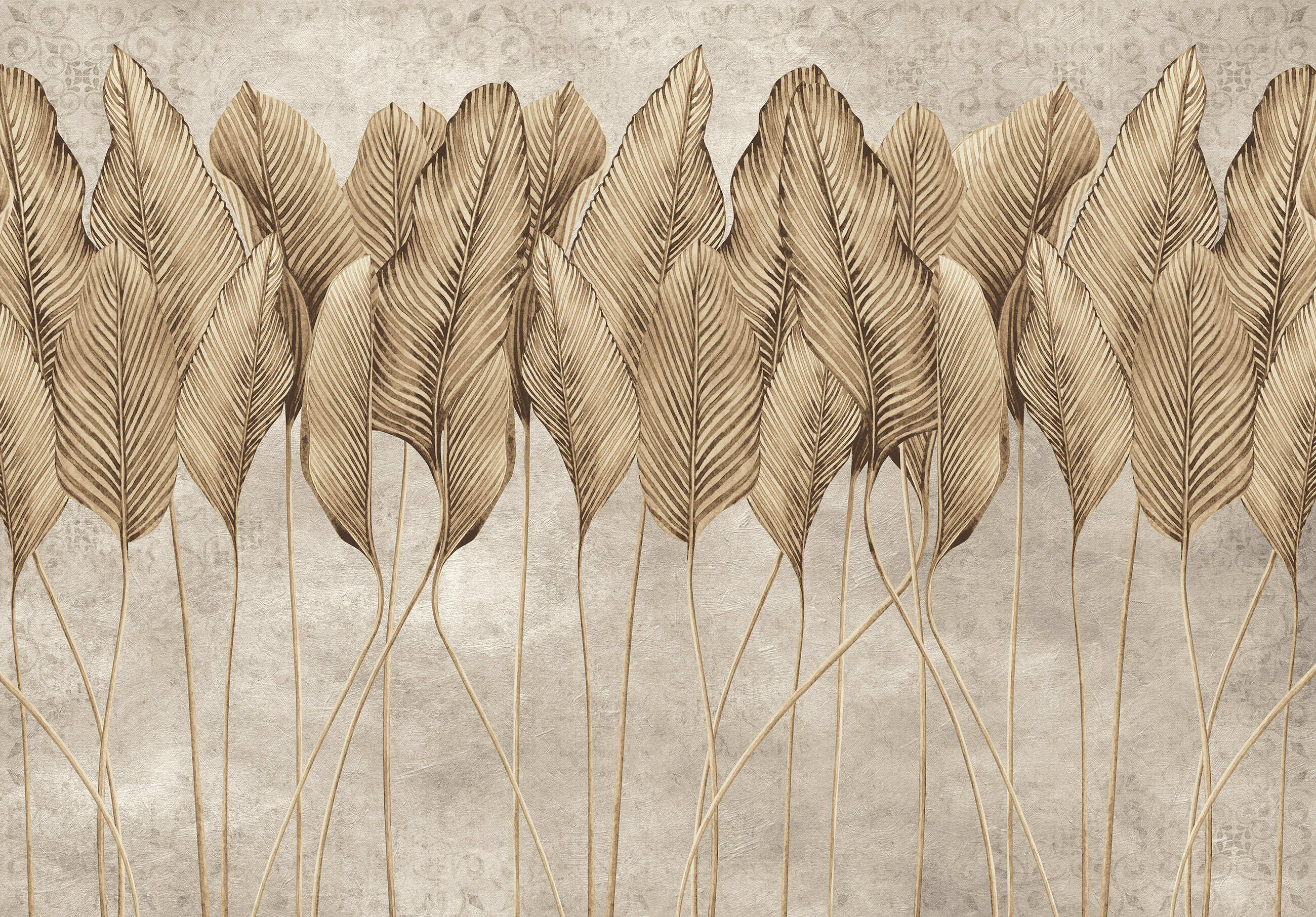Papier Peint Intissé Panoramique 3D Feuilles Boho Béton 254x184 cm ...