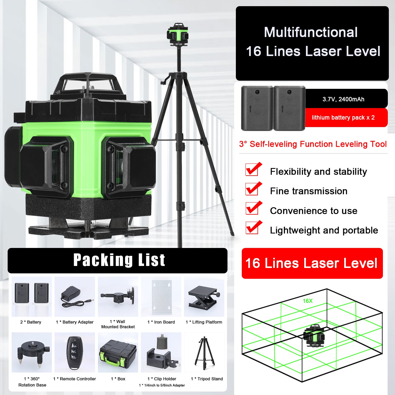 Nivel láser verde de 16 líneas, autonivelante 3° con batería de litio, soporte de pared y trípode ajustable de 1,2 m para trabajos en interiores - 2