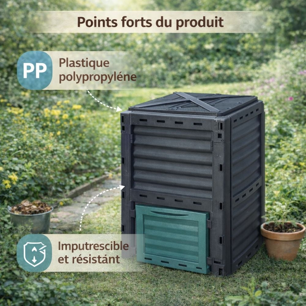 Composteur de jardin 300 L - 83 x 61 x 61 cm en plastique, Polypropylène - 4