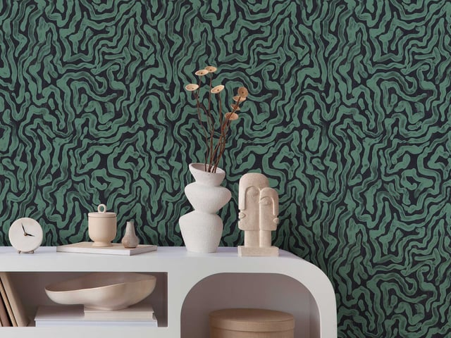 Papier peint Palace marbré - Noir & Vert velours