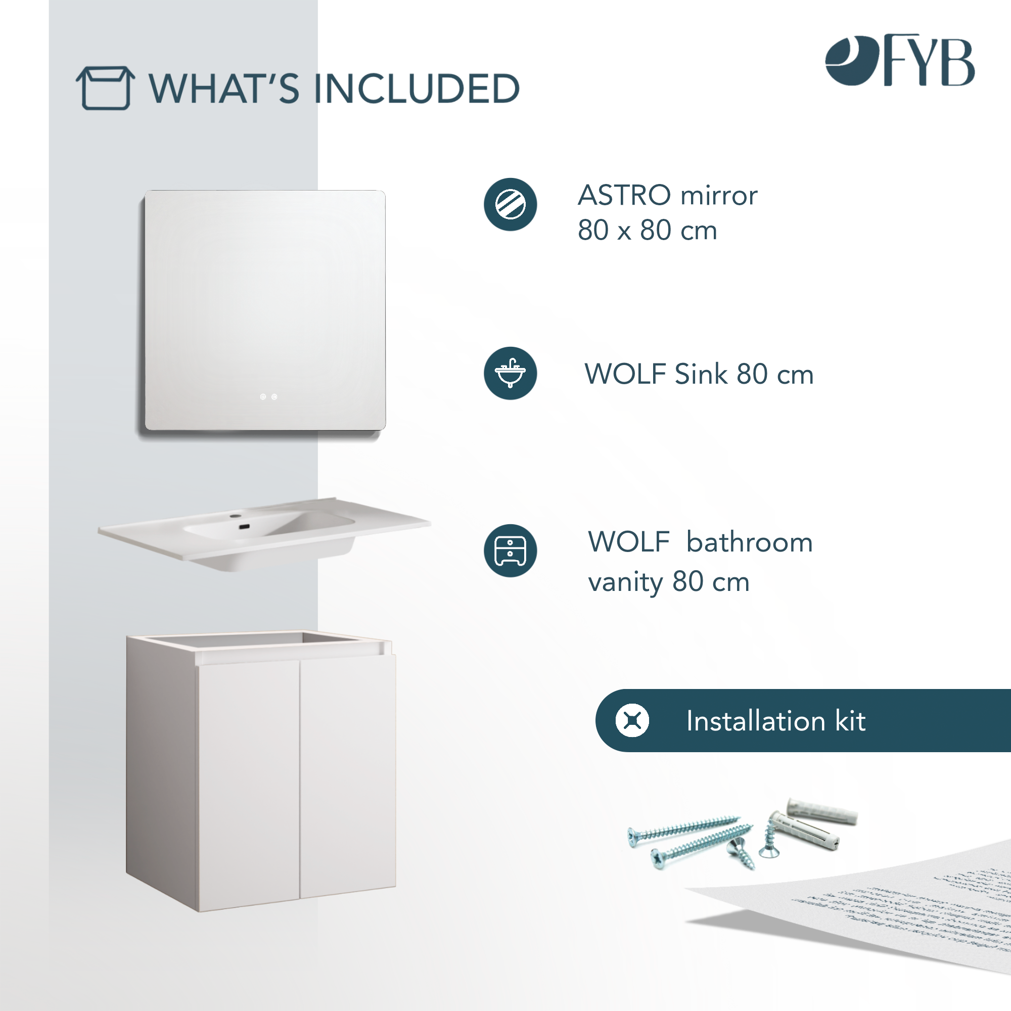 Feel Your Bath, Meuble De Salle De Bain WOLF Blanc 80 cm, 2 Portes, Vasque Céramique Intégrée Et Miroir Carré LED Antibuée - 7