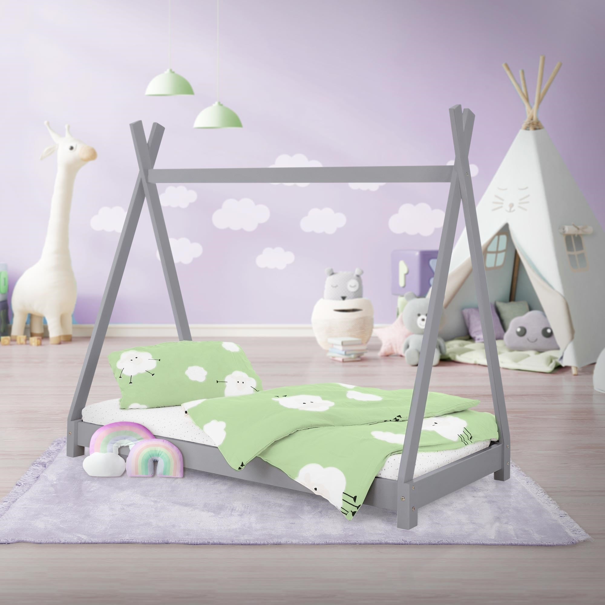 ML-Design łóżko indyjskie tipi 80x160cm jasnoszare z materacem stelażem z listew z litego drewna sosnowego dla dziewczynek i chłopców domek dziecięcy