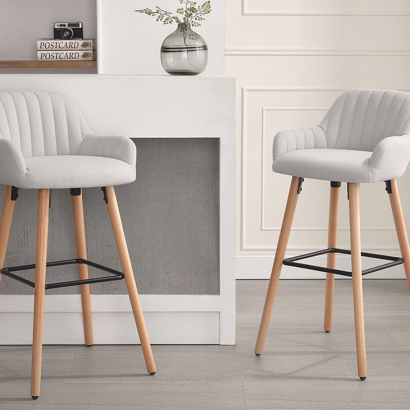 Stołek barowy tapicerowany z nogami z drewna bukowego - Kremowy - ELEANA