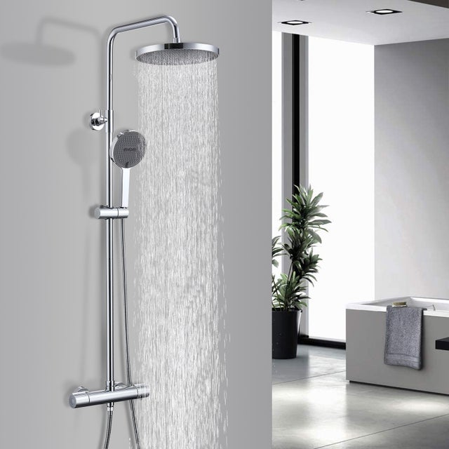 Colonne de Douche Thermostatique, Ensemble de Douche Hauteur Réglable sans Percement Supplémentaire Chromé avec Douchette 3 Jets, Mitigeur en Laiton