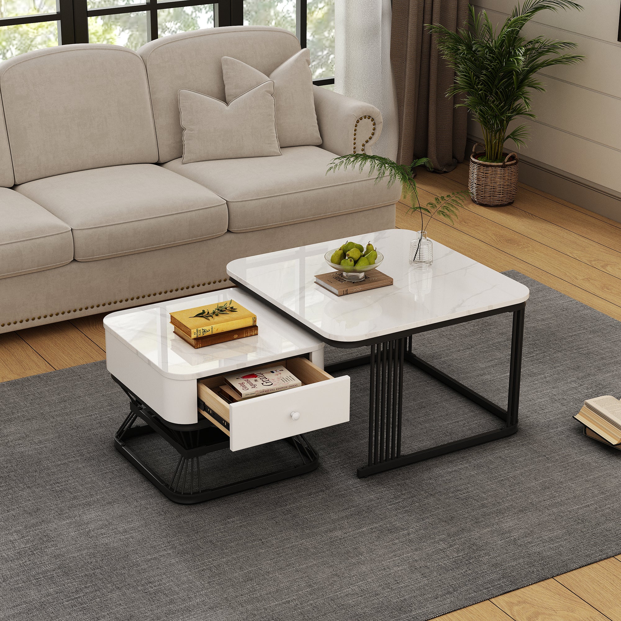 Zestaw 2 kwadratowych stolików kawowych z 1 szufladą - 70 x 70 x 45 cm + 50 x 50 x 40 cm - MDF i nogi metalowe - Biały