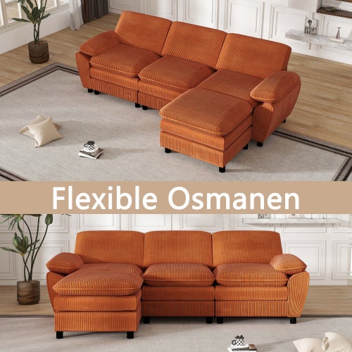 Canapé d'angle 3 places modulaire velours avec pouf amovible - Double coussin + fonction lit - Combinable salon - 7