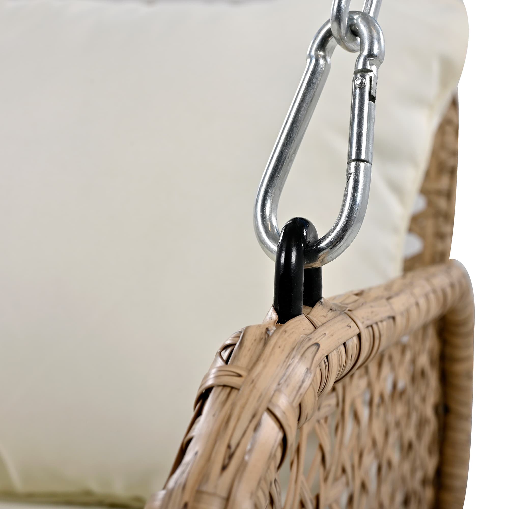 Balançoire en rotin PE deux places, coussins amovibles et lavables, 2 chaînes 240 cm, capacité 320 kg, sans cadre, pour jardin extérieur, beige - 9