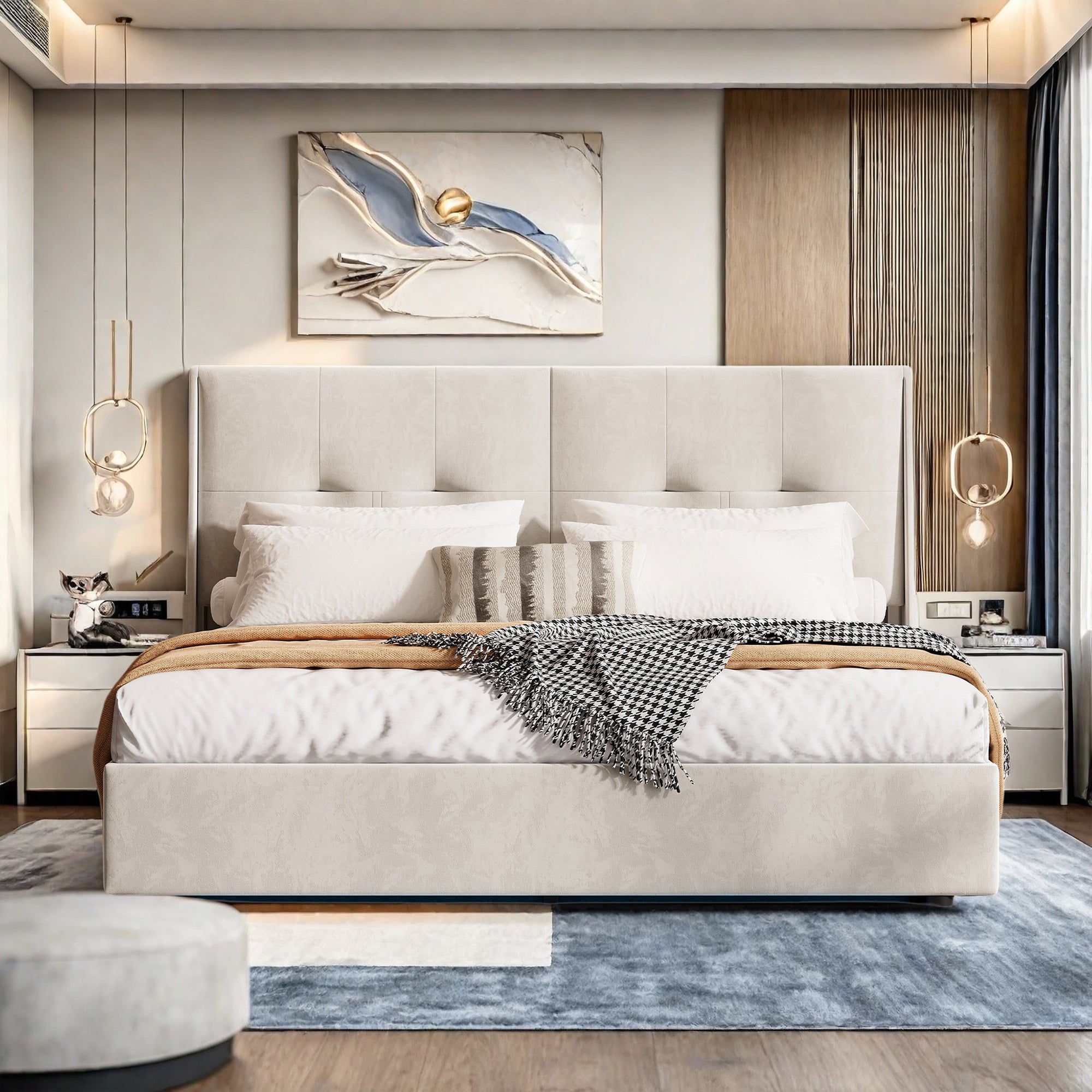 Lit coffre 160x200 cm avec LED, cadre de lit double avec sommier à lattes, tissu en velours, lit adulte, 160x200 cm, beige - 2