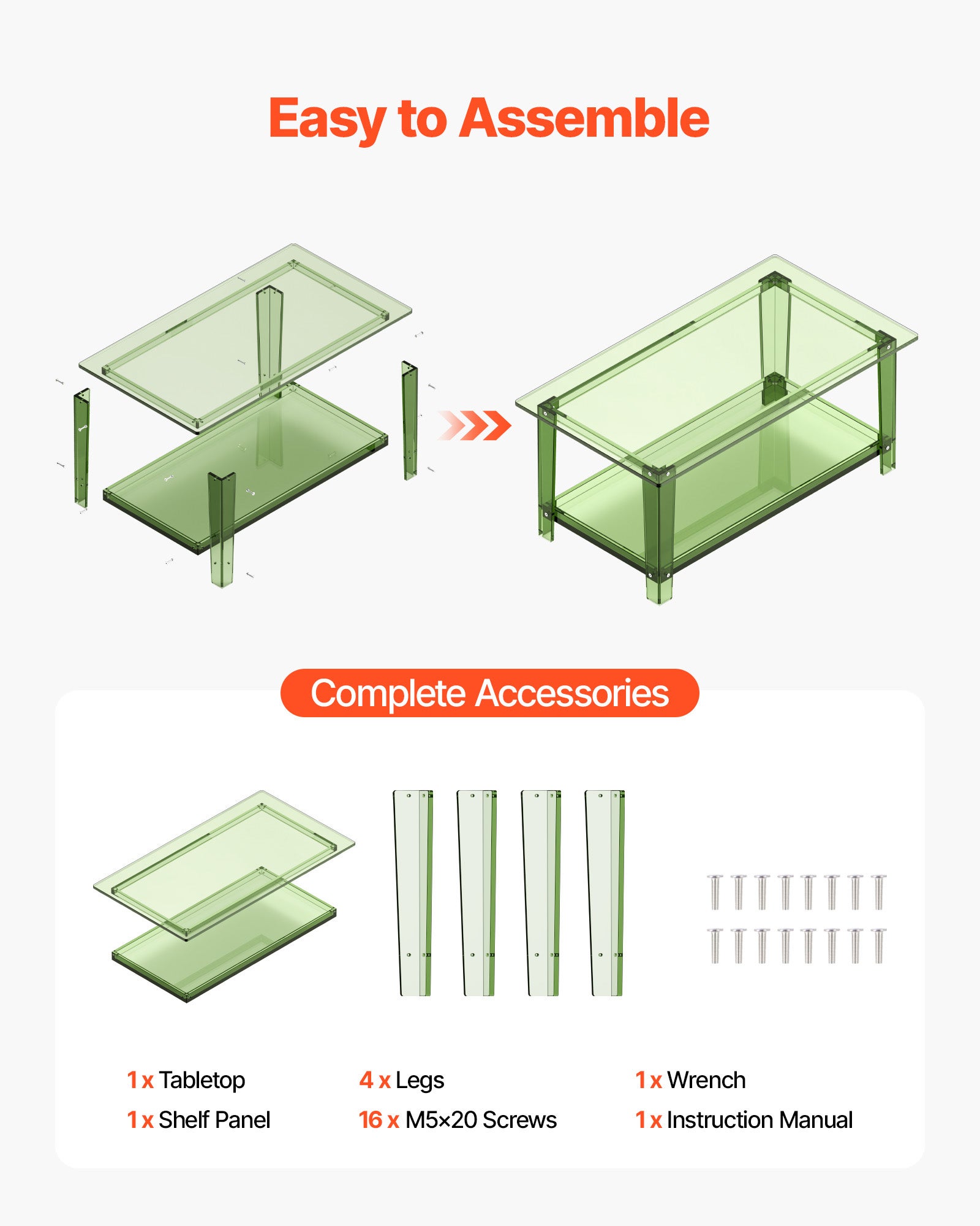 Table basse en acrylique VEVOR, 50 x 80 x 40 cm, table d'appoint de salon à 2 niveaux avec étagère de rangement, pour salon, cuisine, bureau, vert - 7