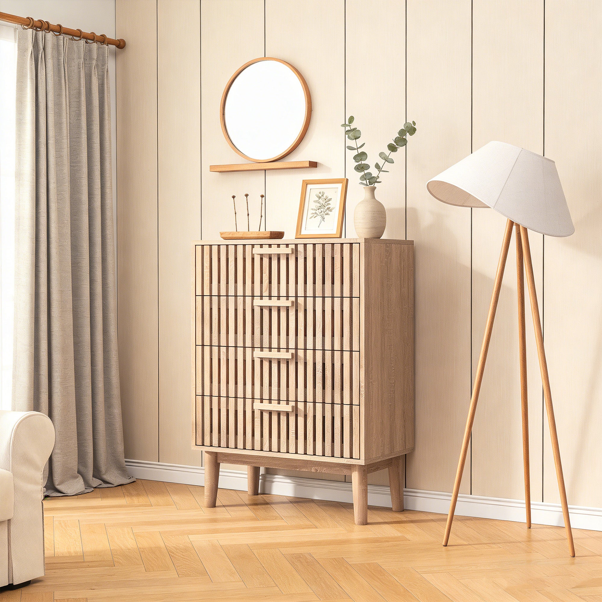 Commode avec 4 tiroirs, COZY, commode de chambre en bois, pieds en bois, 60x34x91 cm, Aspect bois, pour chambre salon, Bois clair - 2