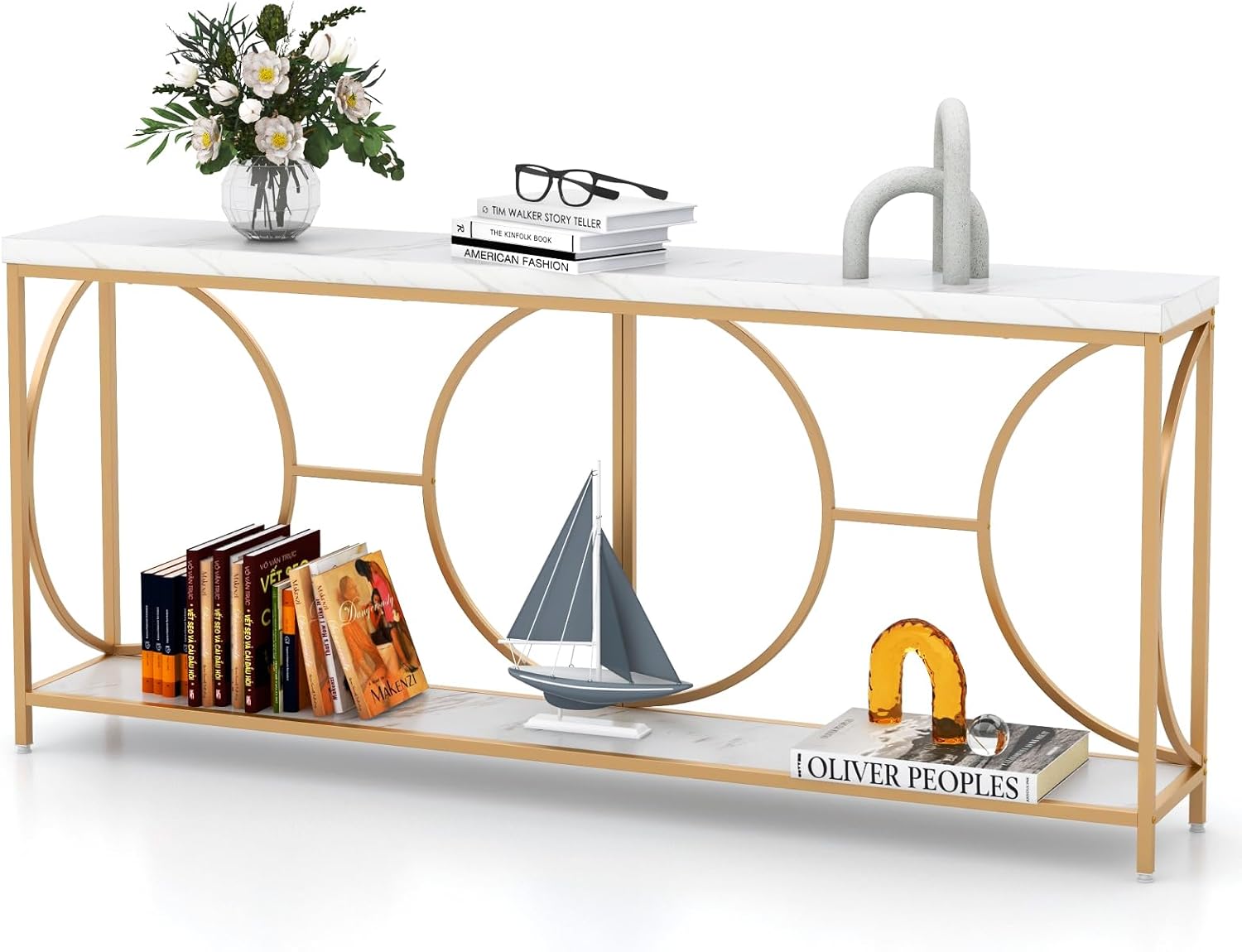 Stół Konsolowy Aspect z Imitacji Marmuru, Mebel Konsolowy 180x30x80 cm, 2 Poziomy, Geometryczna Rama, Regulowane Nóżki, Mebel do Holu, Biały i Złoty