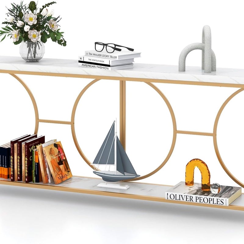 Stół Konsolowy Aspect z Imitacji Marmuru, Mebel Konsolowy 180x30x80 cm, 2 Poziomy, Geometryczna Rama, Regulowane Nóżki, Mebel do Holu, Biały i Złoty
