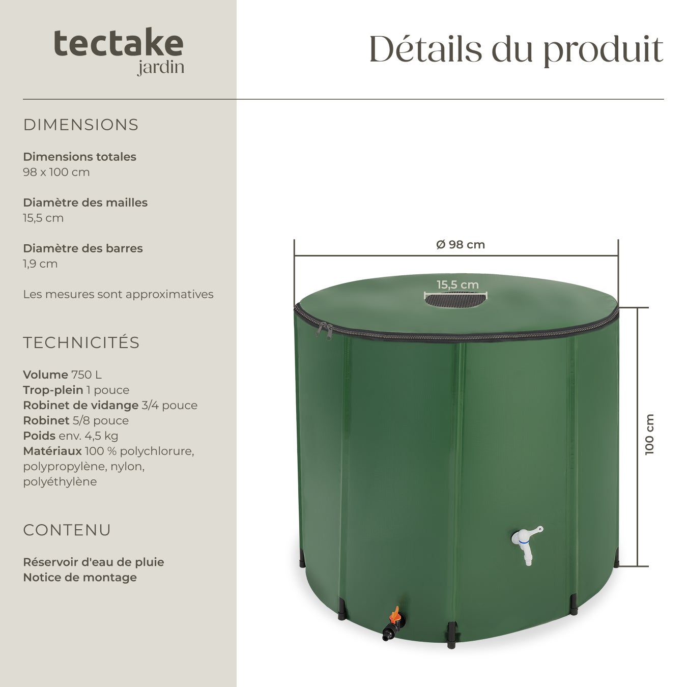 TECTAKE Depósito dobrável para águas pluviais Com torneira e proteção contra transbordamento - 6