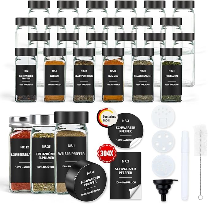 Słoiki na przyprawy kwadratowe 120 ml, zestaw 24 elementów z wodoodpornymi etykietami i hermetycznymi pokrywkami